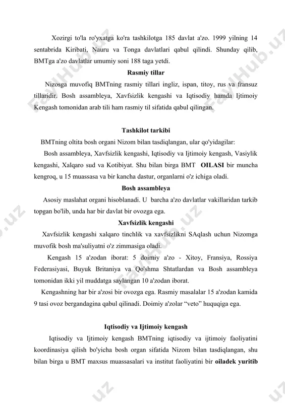 o'naltirdi. vasiylik kengashi xavfsizlik kengashining doimiy besh a'zosidan, ya'ni xitoy, fransiya, rossiya federasiyasi, buyuk britaniya, va qo'shma shtatlardan tashkil topgan. o'tgan davr mobaynida vasiylik xududlarida mustaqil davlatlar tashkil topgan. 1994 yil oxiri aksh boshqaruvida bo'lgan tinch okeanidagi orollari nisbatan bitim bekor qilindi. vasiylik kengashi o'zining ish yuritish qoidalarini o'zgartirdi. xozirgi vaqtda zarurat tug'ilganda to'planadi. xalqaro sud niderlandiyaning gaaga shahrida faoliyat ko'rsatadi. sud a'zo davlatlar o'rtasidagi hukukiy nizolarni yechadi. sudga alohida kishilar murojaat qilishlari mumkin emas. sud bosh assambleya va xavfsizlik alohida alohida xolda ovoz berish yo'li bilan saylangan 15 sudyadan iborat. sudlar fuqoroligiga qarab emas, malakasiga qarab saylanadi. sud tarkibida bir mamlakatning ikki fuqorosi bo'lishi mumkin emas. sudyalar 9 yilga saylanadi. qayta saylanishi mumkin. k o t i b i ya t kotibiyat- bmtning butun dunyodagi muassasalarida ishlovchi va tashkilotning turli xil kundalik ishlarini bajaruvchi xalqaro xodimlardan iborat. u bmtning boshka organlariga xizmat kiladi va ular tomonidan qabul qilingan dasturlar …
