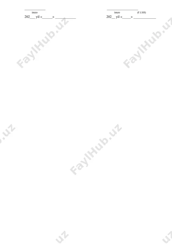 ashkil etish rejasini tuzib chiqish; 2.6.mehnat muhofazasi va texnika xavfsizligi bo‘yicha o‘tkazilgan yo‘riqnomalar sifatini nazorat qilishi, shuningdek, amaliyotchi-talabalarni sifatli amaliyot o‘tayotganligini tekshirish; 2.7.talabalarning korxonalar ishchi xizmatchilari uchun belgilab qo‘yilgan ichki tartib-qoidalariga mehnat intizomiga qat’iy rioya etishlarini ta’minlash; 2.8.korxona tomonidan amaliyot rahbarlariga uslubiy yordam ko‘rsatish. shartnomani amal qilish muddati (____________yildan _____________yilgacha). 3.tomonlarning javobgarligi: 3.1. tomonlar amaldagi qonunchilik asosida oliy o‘quv yurtlari talabalarining malaka amaliyotini o‘tash tartibi yuzasidan o‘zlariga yuklatilgan vazifalarni bajarmaganliklari uchun javobgardirlar. 3.2.shartnoma yuzasidan har qanday kelishmovchiliklar belgilangan tartibda o‘zaro hal etiladi;. 3.3. shartnoma har ikkala tomonlar imzolagan kundan kuchga kiradi; 4.tomonlarning yuridik manzilgohlari: oliy ta’lim muassacasi “oliy ta’lim muassasasi” farg’ona davlat universiteti. manzil: 150100, farg’ona shahar murabbiylar ko’chasi 19. tel.: (0373) 244-44-02 faks: (0373) 244-44-91 rektor: b.shermuhammadov imzo:________________________ “qabul qiluvchi muassasa” ___________________________ korxona __________________________________________ __________________________________________ «korxona»rahbari ____________ __________________ imzo imzo (f.i.sh) 202___ yil «______» ____________ 202__ yil «_____» _____________