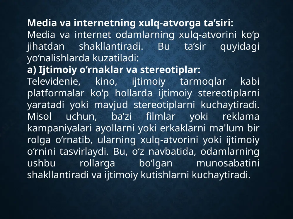 nday xatti-harakatlarni o‘zlashtirishiga olib kelishi mumkin. shuningdek, bolalar uchun taqdim etiladigan o‘yinlar va kontentlar ma'lum bir ideologiyalarga yo‘naltirilgan bo‘lishi mumkin. ijtimoiy tarmoqlar va o‘zini tanitish: instagram, tiktok, snapchat kabi ijtimoiy tarmoqlar yoshlarning o‘zini tanitishi, o‘zini namoyon etishi uchun platforma bo‘lib xizmat qiladi. ammo bu tarmoqlarda "perfect" hayot va tanishtirishga intilish ham bolalar va yoshlar uchun salbiy ta’sir ko‘rsatishi mumkin. ular o‘zlarini boshqalarga taqqoslab, depressiya va qayg‘ularni boshdan kechirishi mumkin a media va internetning ijtimoiy va madaniy ta’siri: media va internet jamiyatda umumiy xulq-atvorni, axborot almashish madaniyatini o‘zgartiradi. ular: globalizatsiya va madaniyatlar aralashuvi: internet butun dunyo bo‘ylab axborot almashish imkonini beradi. bu turli madaniyatlar va xalqlarni bir-biriga yaqinlashtiradi, ammo ba’zan madaniy farqlarni inobatga olishda muammolar yuzaga kelishi mumkin. ijtimoiy anglash va o‘zgartirish: internet va media orqali odamlar ijtimoiy masalalarda (masalan, jinsiy tenglik, irqiy tenglik, ekologiya) o‘z fikrlarini bildirish imkoniyatiga ega. bu, o‘z navbatida, ijtimoiy o‘zgarishlarga olib kelishi mumkin. internet xavflari va …