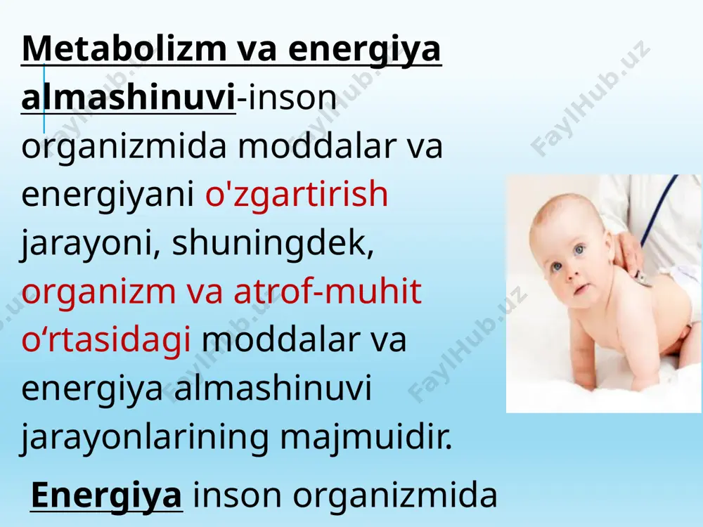 ansferrin va boshqalar sintezining genetik jihatdan buzilishlari. oqsilning organizmdagi asosiy vazifalari: plastik-oqsil yangi hosil bo‘lgan to‘qimalar uchun yoki ularning o‘z-o‘zini yangilash uchun qurilish materiali hisoblanadi; oqsil parchalanganda almashinaydigan aminokislotalar hosil bo‘ladi (14) immunologik; energetik-1 g oqsil yonganda 4 kkal energiya hosil bo‘ladi; oqsillar fermentlar, antitelolar, gormonlar, gemoglobin va boshqa moddalar lar tarkibiga kiradi; oqsillar qon plazmasi, orqa miya suyuqligi va boshqa suyuqliklarda buffer vazifasini bajaradi bolalarda oqsil almashinuvining xususiyatlari bolalarda oqsillarni hazm qilish va assimilyatsiya qilish xususiyatlari yosh bilan oqsillarga bo'lgan umumiy ehtiyoj ortadi, tana vaznini kg ga hisoblashda-kamayadi. kamida bitta almashinmaydigan aminokislotaning yo'qligi yoki etarli emasligi: gipoproteinemiya, salbiy azot balansi, giperazotemiya o'sish, vazn yo'qotish va hokazo me'da shirasining ph qiymati: yangi tug'ilgan chaqaloqlarda - 6,0-7,0 ko'krak yoshida - 4,5-5,5 birinchi yilni oxiriga kelib - 3,0-4,0. 10 ko'krak va erta yosh: oshqozon sharbatida rennin (ximosin) ishlaydi-optimal ph = 4,5-5,0. sut oqsillarini fermentatsiyalash va keyinchalik gidrolizlashni ta'minlaydi. proteolitik fermentlar (pepsin, tripsin, …