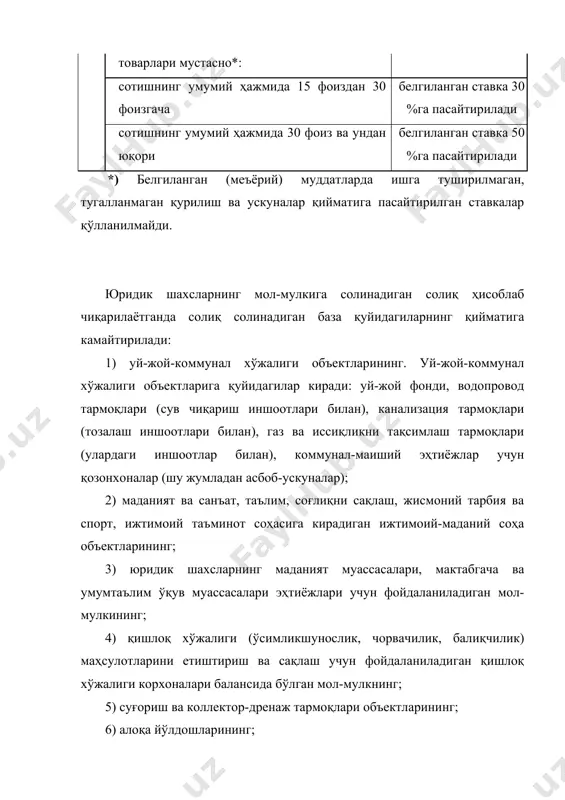 шаҳар ва шаҳар атрофидаги йўналишларда йўловчилар ташийдиган шаҳар йўловчилар транспорти ташкилотлари транспорт воситаларининг (автобуслар, трамвайлар, троллейбуслар, метрополитен поездлари) ва бошқалар. юридик шахсларнинг мол-мулкига солинадиган солиқдан қуйидагилар озод қилинади: 1) соғлиқни сақлаш, жисмоний тарбия ҳамда ижтимоий таъминот, халқ таълими, маданият ва санъат ташкилотлари; 2) уй-жой-коммунал хўжалиги ва бошқа умумфуқаровий аҳамиятга молик шаҳар хўжалиги корхоналари. уй-жой-коммунал ва бошқа умумфуқаровий аҳамиятга молик шаҳар хўжаликлари жумласига уй-жой фондини бевосита бошқариш, сақлаш ҳамда ундан фойдаланишни амалга оширувчи ташкилотлар, санитария тозалаш ва йиғиштириш, ободонлаштириш ва кўкаламзорлаштириш, шаҳарлар ҳамда шаҳарчаларни ташқи ёритиш, водопровод сув олиш иншоотларидан, тақсимланадиган тармоқлардан (тозаловчи иншоотлари билан) фойдаланиш ва сувни тақсимлаш, канализация тармоқларидан фойдаланиш (тозалаш иншоотлари билан), газ тақсимланадиган тармоқлардан фойдаланиш ҳамда газни тақсимлаш, қозонхона, иссиқлик тақсимланадиган тармоқлардан фойдаланиш ва коммунал-маиший эҳтиёжларга ҳамда аҳолига иссиқликни тақсимлашни бевосита амалга оширувчи ташкилотлар, хизмат биноларининг хўжалик бошқармалари, ўт ўчириш командалари, уй-жой-коммунал хўжалигининг хўжалик бошқармалари, уй-жой-коммунал хўжалиги ва шаҳар хўжалигининг умумфуқаровий аҳамиятга молик бошқа корхоналари киради; 3) …