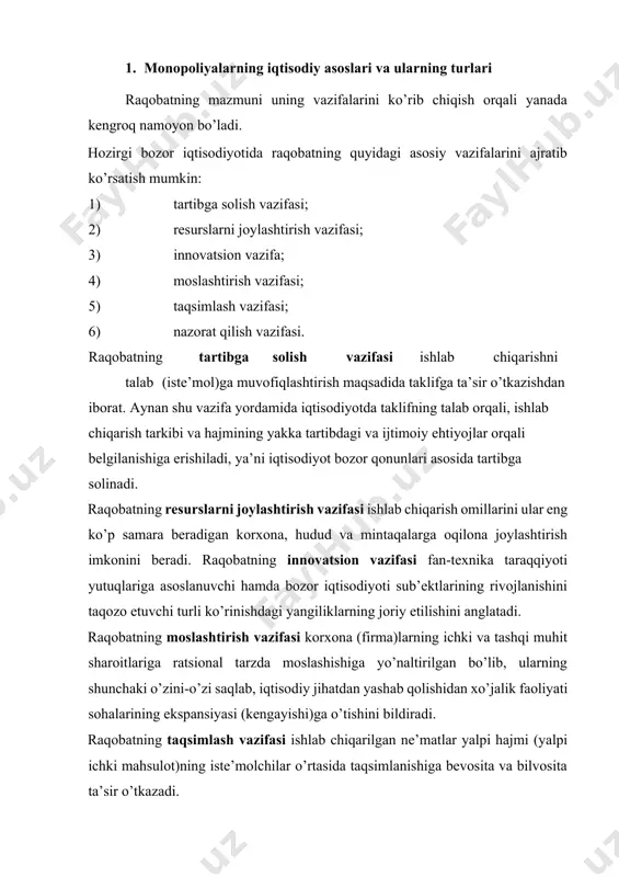 dan monopolistik hukmronlik o’rnatishiga yo’l qo’ymaslikka yo’naltiriladi. raqobat kurashining mazmuni to’g’risida to’laroq tushunchaga ega bo’lish uchun uning asosiy shakllari va belgilarini ko’rib chiqish zarur. o’z miqyosiga ko’ra raqobat ikki turga – tarmoq ichidagi va tarmoqlararo raqobatga bo’linadi. tarmoq ichidagi raqobat tovar ishlab chiqarish va sotishning qulayroq sharoitiga ega bo’lish, qo’shimcha foyda olish uchun bir tarmoq korxonalari o’rtasida boradi. har bir tarmoqdagi mavjud korxonalarning texnika bilan ta’minlanish va mehnat unumdorligi darajalari turlicha bo’lganligi sababli, ushbu korxonalarda ishlab chiqarilgan tovarlarning individual (alohida) qiymati bir xil bo’lmaydi. tarmoq ichidagi raqobat tovarlarning ijtimoiy qiymatini, boshqacha aytganda, bozor qiymatini aniqlaydi va belgilaydi. bu qiymat, odatda, o’rtacha sharoitda ishlab chiqarilgan va muayyan tarmoq tovarlarining ahamiyatli qismini tashkil etadigan tovarlarning qiymatiga mos keladi. tarmoq ichidagi raqobat natijasida texnika darajasi va mehnat unumdorligi yuqori bo’lgan korxonalar qo’shimcha foyda oladilar va aksincha, texnika jihatdan nochor korxonalar esa ishlab chiqarilgan tovar qiymatining bir qismini yo’qotadilar va zarar ko’radilar. tarmoqlararo raqobat …