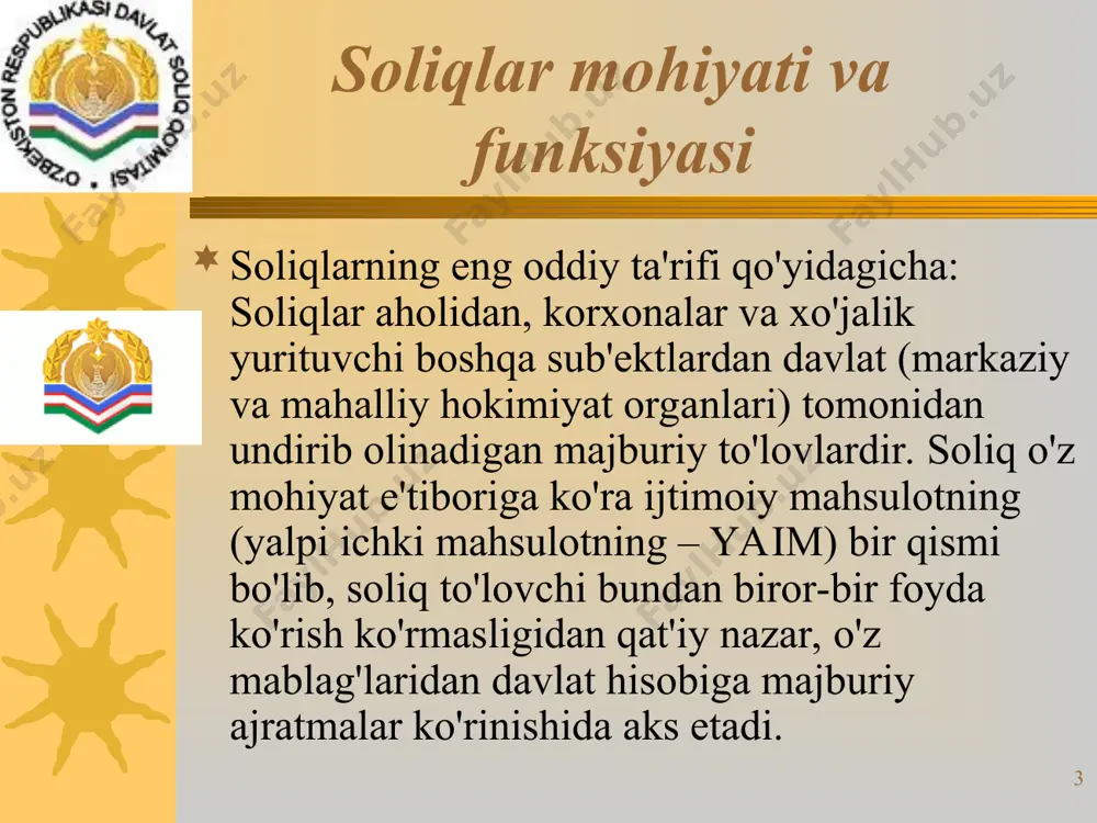 lozim. tadbirlik va investitsiyalarni rag'barlantirish. * soliqqa totishning adolatlilik tamoyili. adolat tamoyillariga muvofiq soliqlar jamiyat tomonidan oqilona va adolatli deb tan olingan umumiy ob'ektiv qoidalarga binoan belgilanishi lozim. gorizontal va vertikal adolatni bir-biridan farqlanadi. gorizontal adolat tamoyili daromad olishining turli sharoitlarida soliq to'lovchilarga nisbatan soliqqa tortishning taxminan teng shartlarini qo'llanishni ko'zda tutadi. * oddiylik va xolislik. bu tamoyil soliqqa tortish bazasini aniqlashda, soliqlarni hisoblab chiqishda oddiylik bo'lishini, taqdim etiladigan hisobotlarning mazmunini soddalashtirishni, shuningdek soliqlarning eng muhim turlari bo'yicha yagona stavkalar belgilashni, beriladigan imtiyozlarni iloji boricha kamaytirishni ko'zda tutadi. bu o'rinda nazarda tutilayotgan narsa shuki, soliqlarning iqtisodiy funksiyasi doirasida beriladigan imtiyozlar yakka tartibdagi xususiyatga ega bo'lmasligi, balki muayyan faoliyat turlarini rag'barlantirishga, soliq to'lovchilarning mulkchilik shakli va qaysi idoraga mansubligidan qat'i nazar, ma'lum turdagi mahsulotlarni ishlab chiqarishni ko'paytirishga qaratilmog'i lozim. * boshqarishga qulaylik. samarali soliq tizimiga qo'yiladigan muhim talablardan biri boshqaruvga qulay bo'lishidir. soliqlarni undirib olishda samaradorlikka erishish ko'p hollarda soliqlarning soliq …