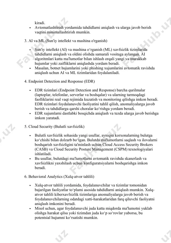 nishlarini to‘xtatib, o‘rnatilgandan so‘ng, spamlar va zararli botlar kabi kiruvchi trafikning boshqa shakllarini filtrlash orqali to‘liq xotirjamlikni ta’minlaydi. antivirus dasturlari - zararli dasturlardan va boshqa viruslardan himoya qilishning birinchi yo‘nalishlaridan biri bu tarmoqqa ulangan barcha qurilmalarga antivirus dasturlarini o‘rnatishdir. antivirus dasturi zararli fayllarni tizimga o‘rnatilishini aniqlay oladi va oldini oladi va so‘nggi ta’riflarni kiritish uchun uni muntazam yangilab turish kerak. xavfsizlik siyosati - tarmoqqa hujum qilish xavfini kamaytirishning uchinchi usuli bu xavfsizlik siyosatini amalga oshirishdir. xavfsizlik siyosati tarmoqdagi barcha qurilmalar viruslar va zararli dasturlardan himoyalanganligini va foydalanuvchilar kuchli parollardan foydalanayotganligini ta’minlashga yordam beradi. ushbu qoidalar, shuningdek, ba’zi tarmoq mintaqalariga kirishni va foydalanuvchi imtiyozlarini cheklashi mumkin. monitor faoliyati - tarmoqdagi faoliyatni kuzatish muhim sanaladi. kuzatuv jurnallari va boshqa ma’lumotlar shubhali faoliyatni tezda aniqlashga zamin yaratadi,bu esa xavfsizlik xodimlariga potentsial tahdidlarni tekshirish va yumshatish choralarini ko‘rishga imkon beradi. zamonaviy kiberxavfsizlik usullari, texnologiyalarning rivojlanishi va yangi tahdidlarga javob sifatida doimiy ravishda takomillashib boradi. …