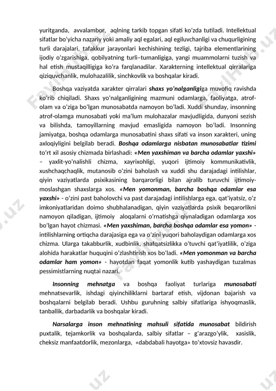 . hissiyotlar bilan bir qatorda shaxs xarakterining qirralari sezgilarning o‘ziga xos xususiyatlari bilan belgilanadi. barqaror sezgilar kengligi va chuqurligi, voqeiyligi, aqliy va irodaviy soha bilan uyg‘unligi – shaxsning muhim xarakterologik xususiyati hisoblanadi. xarakterning emotsional qirralariga: shiddatlilik, ta’sirchanilik, qiziqqonlik, faoliyatsizlik, befarqlik, hozirjavoblik va boshqalar kiradi. xarakterning intellektual qirralari – aqliy qobiliyatlarning barqaror individual–tipologik xususiyatlari. xarakterning intellektual qirralari xaqida so‘z yuritganda, avvalambor, aqlning tarkib topgan sifati ko‘zda tutiladi. intellektual sifatlar bo‘yicha nazariy yoki amaliy aql egalari, aql egiluvchanligi va chuqurligining turli darajalari, tafakkur jarayonlari kechishining tezligi, tajriba elementlarining ijodiy o‘zgarishiga, qobilyatning turli–tumanligiga, yangi muammolarni tuzish va hal etish mustaqilligiga ko‘ra farqlanadilar. xarakterning intellektual qirralariga qiziquvchanlik, mulohazalilik, sinchkovlik va boshqalar kiradi. boshqa vaziyatda xarakter qirralari shaxs yo‘nalganligiga muvofiq ravishda ko‘rib chiqiladi. shaxs yo‘nalganligining mazmuni odamlarga, faoliyatga, atrof-olam va o‘ziga bo‘lgan munosabatda namoyon bo‘ladi. xuddi shunday, insonning atrof-olamga munosabati yoki ma’lum mulohazalar mavjudligida, dunyoni sezish va bilishda, tamoyillarning mavjud emasligida namoyon bo‘ladi. insonning jamiyatga, …