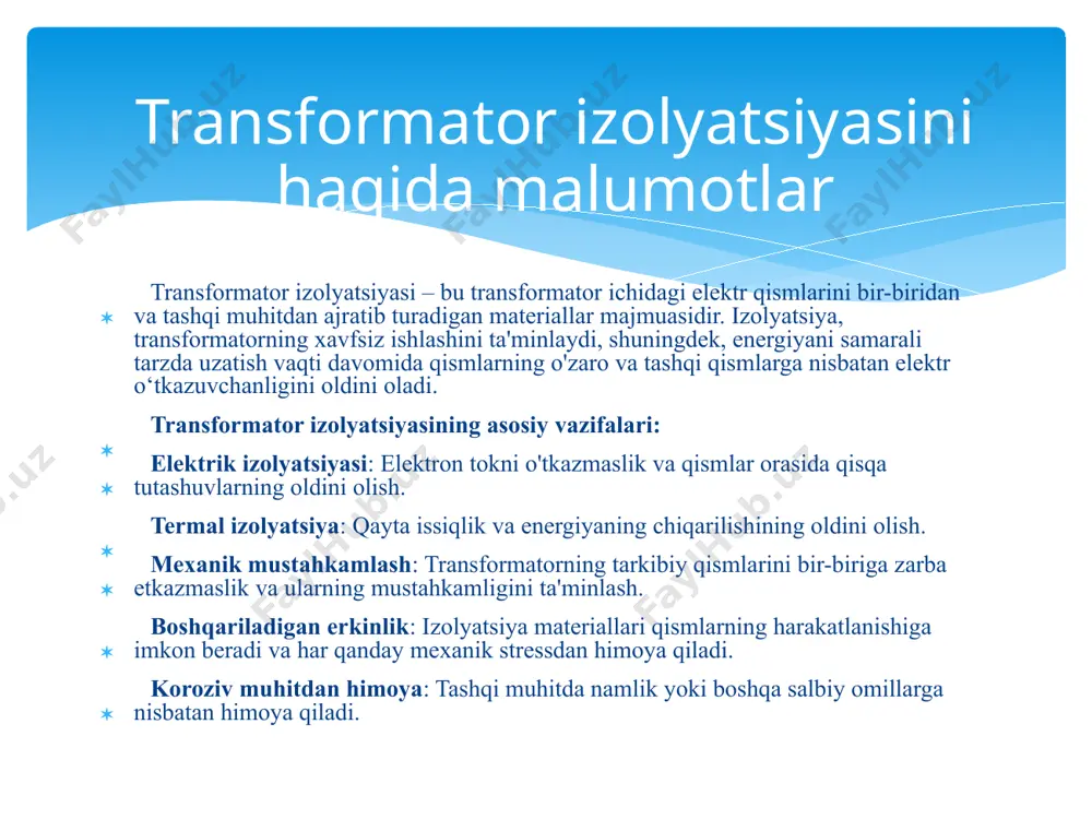 olyatsiyada yoriqlar bo‘lmasligi kerak. transformator izolyatsiyasini o‘zgaruvchan kuchlanishda sinash transformator izolyatsiyasini o‘zgarmas kuchlanishda sinash — bu transformator izolyatsiyasining holatini baholashda qo‘llaniladigan usullardan biri bo‘lib, ayniqsa kichik kuchlanishli yoki laboratoriya sharoitidagi sinovlarda keng qo‘llaniladi. ushbu usulda transformator izolyatsiyasi doimiy tok (o‘zgarmas kuchlanish) yordamida sinovdan o‘tkaziladi. sinovning maqsadi ushbu sinov orqali izolyatsiyada mavjud bo‘lishi mumkin bo‘lgan yashirin nuqsonlar, namlik yoki sirt bo‘ylab oqimlar aniqlanadi. o‘zgarmas kuchlanish izolyatsiyaga berilganida, oqim o‘lchanadi va izolyatsiyaning qarshiligi hisoblanadi. sinovdan oldin bajariladigan ishlar sinovdan avval transformator to‘liq elektr tarmog‘idan ajratiladi, barcha qismlar yerga ulanadi va xavfsizlik choralariga rioya qilinadi. atrof-muhitning harorati va namligi ham hisobga olinadi, chunki bu omillar natijalarga ta’sir qilishi mumkin. transformator izolyatsiyasini o‘zgarmas kuchlanishda sinash sinov usuli sinov vaqtida yuqori kuchlanishli o‘zgarmas tok manbai yordamida transformatorning o‘rni (bobin) bilan korpus o‘rtasiga kuchlanish qo‘llaniladi. natijada izolyatsiyadan o‘tuvchi oqim o‘lchanadi. bu oqimning qiymati izolyatsiyaning holati haqida ma’lumot beradi. kuchlanish asta-sekin oshiriladi va sinov oxirida yana pasaytiriladi. …