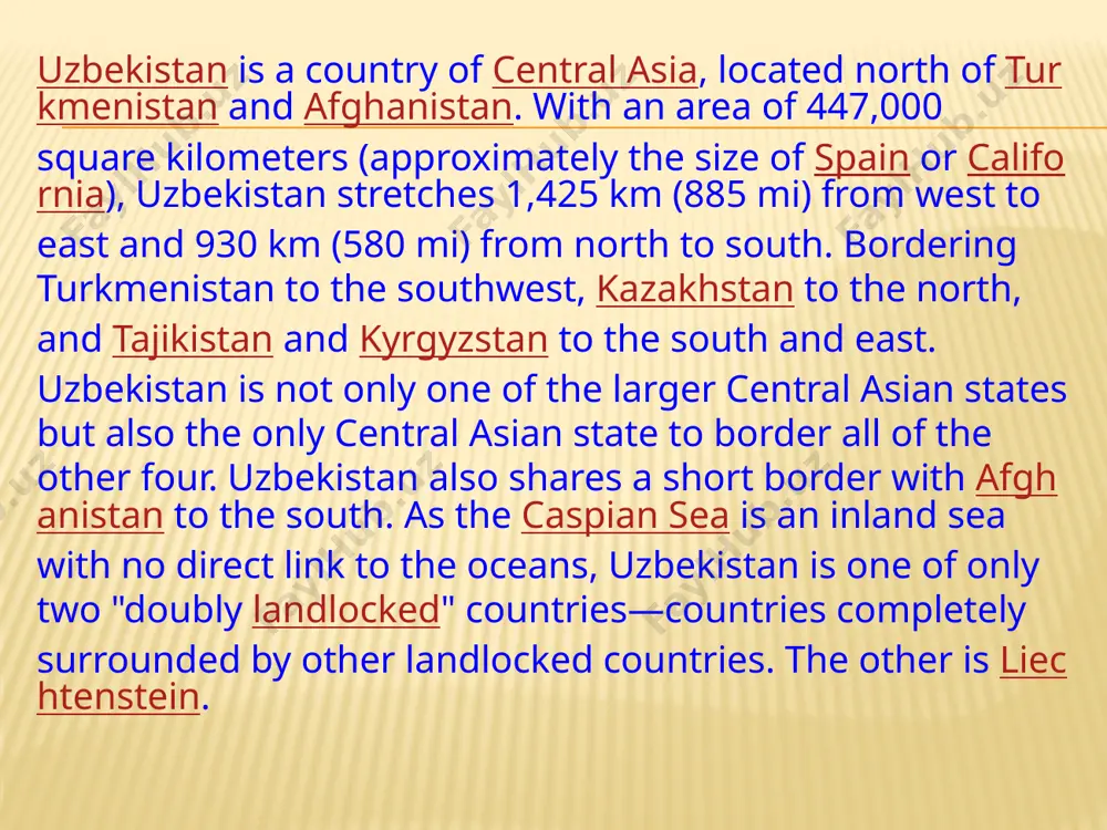 kazakhstan into the qizilqum. although the fergana valley receives just 100 to 300 millimetres (3.9 to 11.8 in) of rainfall per year, only small patches of desert remain in the center and along ridges on the periphery of the valley. water resources, which are unevenly distributed, are in short supply in most of uzbekistan. the vast plains that occupy two-thirds of uzbekistan's territory have little water, and there are few lakes. the two largest rivers feeding uzbekistan are the amu darya and the syr darya, which originate in the mountains of tajikistan and kyrgyzstan, respectively. these rivers form the two main river basins of central asia; they are used primarily for irrigation, and several artificial canals have been built to expand the supply of arable land in the fergana valley and elsewhere. during the soviet era, a plan was devised in which kyrgyzstan and tajikistan provided water from these two …