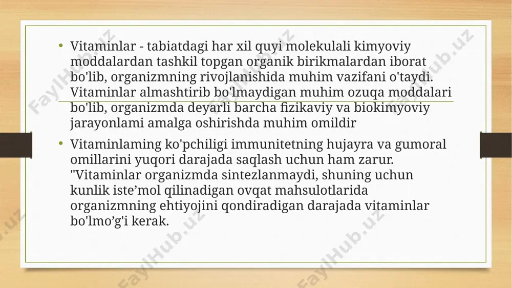 adenindimukleotid (fad) hosil qilib fosforlanadi. vitamin b2 qator moddalaming oksidlanishi, parchalanishi 'va sintez jarayonlarini tezlatuvchi fermentlaming kofermentlari tarkibiga kirib, nuklein kislotalar, oqsillar, uglevodlar va yog‘lar sintezi bilan bilvosita bog‘langan hamda ksenobiotiklami zararsizlantirishda qatnashadi. vitamin b2 ga boy mahsulotlarga pishloq, tvorog, jigar, buyrak, pivo achitqilari, xamirturush, javdar non, qora bug'doy yormasi, yong‘oq, ismaloq va boshqa ovqat mahsulotlari kiradi. gipovitaminoz b2 da atf hosil bo‘lishi kamayadi va barcha turdagi moddalar almashinuvida chuqur o‘zgarishlar ro‘y beradi vitamin b3 (pantotenat kislota). u odam va sut emizuvchi hayvonlarda ichak mikroflorasi tomonidan sintezlanadi. pantotenat kislotaning eng ko‘p miqdori bug‘doy kurtagi va kepagida bo‘ladi. odam organizmiga ovqat tarkibida erkin hamda uning turli hosilalari holida tushib, ichakda gidrolizlanib pantotenat holida so'riladi. pantotenat kislota organizmda modda va energiya almashinuviga sezilarli ta’sir qilgani holda immunitet omillarini yetarli darajada mo‘tadil saqlanib turishi uchun ham zarurdir. pantotenat kislota yetishmaganda nuklein kislotalar sintezi hamda uglevod almashinuvi buziladi. bundan tashqari, antitelo hosil bo‘lishiga salbiy …