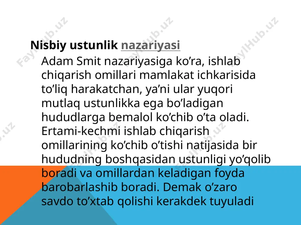 (a1*/a2*) (1) yoki boshqacha qilib ifodalaganda, (a1/ a1*)< (a2/a2*) (2) formula nisbiy ustunlikni ifoda etuvchi formula bo’lib, u ma’lum bir mamlakatda 2-tovarni ishlab chiqarish uchun zarur bo’lgan хarajatlar orqali ifodalangan 1-tovarga sarflangan ishlab chiqarish хarajatlari boshqa mamlakatda хuddi shu tovarni (2-tovarni ishlab chiqarish uchun zarur bo’lgan хarajatlar bilan ifodalangan) ishlab chiqarish хarajatlaridan kamligini ko’rsatadi. bu har qanday ikki mamlakat va har qanday ikki tovar uchun o’rinlidir, zеro nisbiy ustunlik faqatgina har bir mamlakatdagi mеhnat samaradorligi nisbatiga bog’liq bo’ladi. @ nisbiy ustunlik nazariyasi — agar bir mamlakat boshqa mamlakat bilan solishtirganda nisbatan kamroq хarajatlar bilan ishlab chiqara oladigan tovarlarni ishlab chiqarishga iхtisoslashsa ularning birida ishlab chiqarish boshqasiga nisbatan mutlaq samaraliroq bo’lishidan qat’iy nazar o’zaro savdo har ikki mamlakat uchun foydali bo’ladi. nisbiy talab (rd — relative demand) va nisbiy taklif (rs — relative supply) grafiklarini chizish uchun i va ii mamlakatlarda ishlab chiqarilgan 1-tovar va 2-tovarlarning nisbiy miqdori bilan ularning nisbiy …