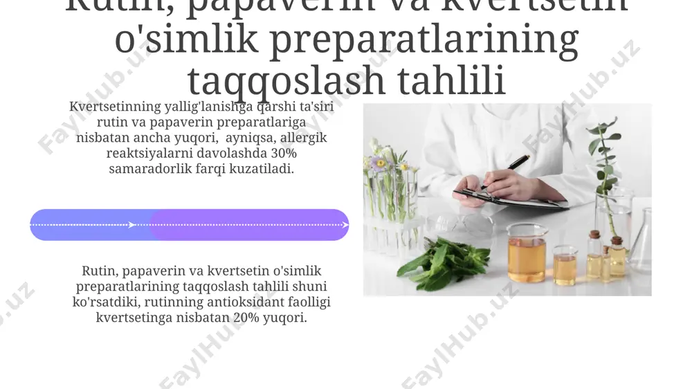 iga bog'liq. kvertsetinni olish uchun qora smorodina, piyoz, olma, nok kabi 5ta asosiy o'simlik xom ashyolaridan foydalaniladi, ularning ekstraktlari turli xil konsentratsiyalarda mavjud. kvertsetinning farmakologik xususiyatlari kvertsetin kuchli antioksidant xususiyatlariga ega boʻlib, erkin radikallarni 50% ga yaqin miqdorda neytrallashtiradi va hujayra shikastlanishini oldini oladi. kvertsetinning yalligʻlanishga qarshi taʼsiri siklooksigenaza-2 (cox-2) fermentining faolligini 30-40% ga kamaytirish orqali namoyon boʻladi. rutinning farmakologik xususiyatlari rutinning yallig'lanishga qarshi ta'siri mavjud bo'lib, cox-2 fermentining faolligini 15-25% ga susaytiradi va yallig'lanish jarayonini bosadi. rutinning antioksidant xususiyatlari kuchli bo'lib, erkin radikallarni zararsizlantirish qobiliyati 50-70% ga etadi, bu hujayra shikastlanishini kamaytirishga yordam beradi. e'tiboringiz uchun rahmat @taqdimot_robot image4.jpg image5.jpg image6.jpg image7.jpg image8.jpg image9.jpg image10.jpg image11.jpg image12.jpg image13.jpg image14.jpg image15.jpg image16.jpg image17.jpg image18.jpg image19.jpg image20.jpg image1.jpeg image2.jpeg image3.jpeg