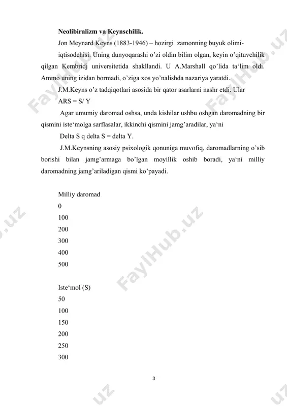 tor deb ataladi. multiplikator – bu son koeffitsiyenti bo’lib, daromad o’sishi bilan ushbu o’sishni yuzaga keltirgan investitsiyalar o’simi o’rtasidagi nisbatni ifodalab beradi. multiplikator atamasini birinchi marta ingliz iqtisodchisi r.kan 1931 yili ishlatgan (ish bilan bandlik sohasidagi multiplikator). m = dy / d i, yoki m = 1/mrs multiplikator nazariyasiga ko’ra, kishilarning jamg’armaga bo’lgan moyilligi qancha ko’p bo’lsa, multiplikatorning ahamiyati shuncha kam bo’ladi. to’la ish bilan bandlik sharoitida multiplikator amal qilmaydi, negaki bo’sh turgan resurslarning bo’lmaganligi sababli ishlab chiqarishni ortiqcha kengaytirib bo’lmaydi. keyns bir qancha hisob-kitoblarga asoslanib, aqshning multiplikatorini aniqladi, u 2,5 ga teng ekan. bu daromadlar o’sishi investitsiyalar ortishidan 2,5 marta ortiq degani, ya‘ni 1 dollar investitsiya 2,5 dollar daromad keltiradi (ish bilan bandlikni o’stirish – asosiy maqsad). likvidlik ustunligi nazariyasi d.m.keyns «likvidlik usutnligi» (odam o’zida naqd pul bo’lishini xohlash) tushunchasini kiritdi. o’z ishlarining yurishib ketishidan xavotirlanish, kelajakka ishonmaslik kishilarni naqd pul saqlashga undaydi. kishilarning o’z uylarida naqd pul zaxiralarini …