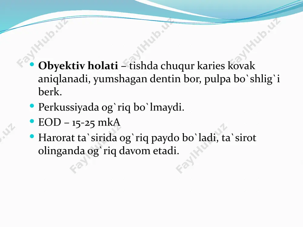 i; quruq steril paxta yordamida quritilib, karies kovak tubiga davolovchi pasta taglik sifatida qo`yiladi. davolovchi pasta ustidan steril paxta yoki olovda qizitilgan asbest qo`yiladi, vaqtincha plomba bilan berkitiladi. /docprops/thumbnail.jpeg