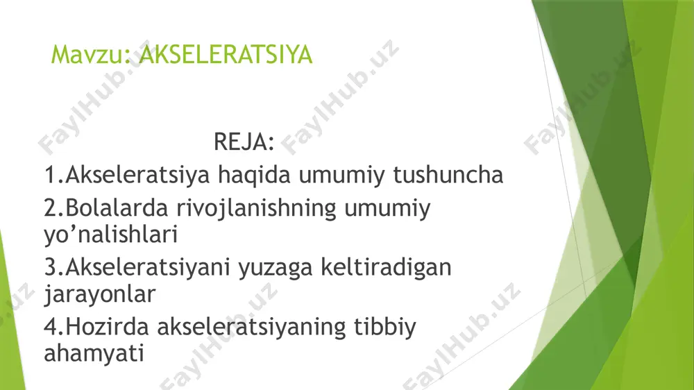 jlanishga katta etibor berilmoqda. chunki bolalar salomatligini saqlash davlat ahamiyatiga ega bo’lgan birinchi darajali ishlardan hisoblanadi. rivojlanishdagi akselerasiya muammosi va butun dunyo biologlar, tibbiyotchilari va sotsiologlari diqqatini jalb qilib kelmoqda. akselerasiyaning ijtimoiy va biologik turlari o’zaro farq qilinadi. ijtimoiy akselerasiya deganda, bolalar bilimlarining hajmini ulardan 50-100 yil ilgari yashagan tengdoshlarinikiga nisbatan ortganligini tushunish kerak. 1. ona qornida rivojlanish davri. ushbu davr, homilani ovqatlanishi, nafas olishi, harorati va boshqa omillari masalalarida ona organizmi bilan to’liq bog’liqdir. bu davrda homilaning o’sishi va rivojlanishi tez sodir bo’ladi. 2. yangi tug’ilgan davri. bu davr 2-3 haftani tashkil qiladi. ushbu davr tug’ilish vaqtidan boshlanib,to 2,5- 3,5 haftagacha davom etadi va organizmni tashqi muhit sharoitiga moslashuvi bilan tavsiflanadi. yangi tug’ilgan bolada ilk bor o’pka orqali nafas olish sodir bo’ladi va o’pkada qon aylanish funksiyasi boshlanadi foydalanilgan adabiyotlar 1.tibbiyot kasbiga kirish darslik.xalmatova .b.t 2.karimjonov .i .a tibbiy darsliklar 3.internet malumotlari image1.jpg image2.jpg image3.jpg image4.png image5.jpg image6.jpg image7.jpeg …