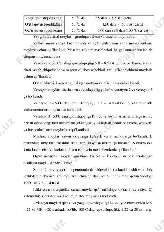 ar dvigatellarida ishlatiladi. avtotraktor moylari (avtollar) qovushqoqligi bo’yicha avtol 4, avtol, avtol 10 va avtol 18 ga bo’linadi. selektiv tozalashdan olingan avtollar (as – 5 va as – 9.5 marka) faqat karbyuratorli dvigatellarga mo’ljallangan. dizel moylari qattiq (og’ir) sharoitda ishlovchi tez yurar dizellarda qo’llaniladi. motor moylari qo’zg’almas dizel va neftli, gazli dvigatellarda qo’llaniladi. motor moylari m (45 – 50sst, 500c) va t (62 – 68 sst, 500c) markalarga bo’linadi. bu moylar qo’llanilishi asosan dvigatel quvvatiga bog’liq. yuqori quvvatli dvigatellarga t markasi, biroz past quvvatlilarida m markadagi motor moyi qo’llaniladi. bug’ mashina moylari- asosan slindr moyi deb ataladi va bug’ mashinalari detallarini moylash uchun qo’llaniladi. bug’ mashinalari bug’ tavsifiga bog’liq bo’lib, ular yordamida ishlashiga ko’ra to’yingan bug’da ishlovchi va qayta qizdirilgan bug’da ishlovchi mashinalarga bo’linadi. to’yingan bug’da ishlovchi mashinalar uchun silindr 2, viskozin 3 va nigrol l navli moylar qo’llaniladi. qayta qizdirilgan bug’da ishlovchi mashinalarda vaport, cilindr 6 va vapor gidron …