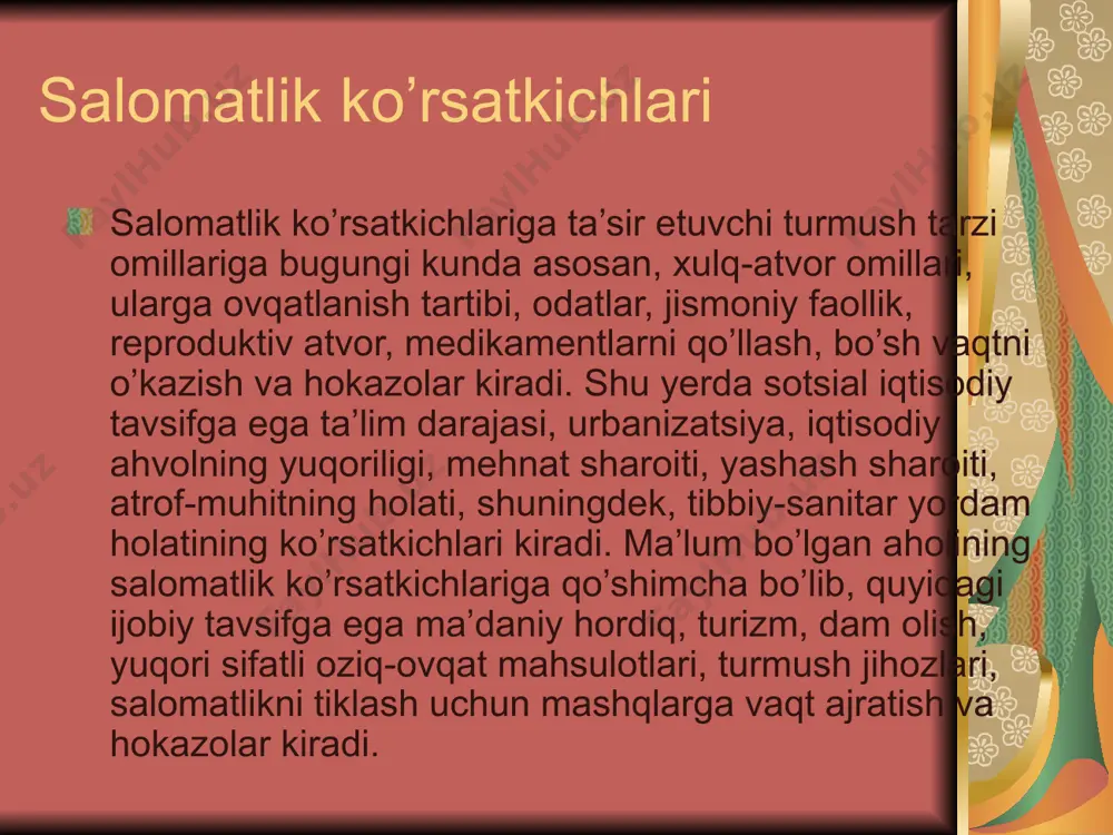 haranishning belgilari xulqning me`yordan og`ishi, odatlar, bundan tashqari neyropsixik og`ishlar: tezda charchash yoki doimiy ruxiy charchoqlik, seruyqulik yoki aksincha, uyqusizlik, loqaydlik, diqqatning susayishi, parishonxotirlik, faromushxotirlik, kayfiyatning kuchli o`zgarib turishi kabilarda aks etadi. surunkali zaharlanishda xuddi o`sha modda turli kishilarda buyrakning, qon ishlab chiqaruvch organlarning asab tizimining, jigarning shikastlanishini chaqiradi. ma`lum bo`ladiki, insonning salomatligi nimadan nafas olishi, nima istemol qilishi va ichishi, qanday sharoitlarda yashayotganligi va ishlayotganligiga juda bog`liq. inson salomatligi inson salomatligini zamonaviy tarzda yaxlit baholashda jismoniy rivojlanish darajasi hamda uyg’unligi katta ahamiyat kasb etadi. ta’kidlash zarurki, bugungi adabiyotlarda “jismoniy rivojlanish” tushunchasida bu xil ta’rif uchramaydi. zamonaviy antropologiya va jismoniy tarbiya nazariyasida insonning “jismoniy rivojlanish” mashg’uloti markaziy hisoblanib, turlicha organizmga ega, negaki mazkur a’zolar inson organizmining turli jismoniy xususiyatlari hamda sifatlari majmualarini tadqiq etadi. jismoniy chiniqish insonning salomatligi va jismoniy rivojlanishi birligiga har tomonlama baho berish uchun “jismoniy holat” tushunchasini qo’llash hamda jismoniy rivojlanishning salomatlik bilan aloqadorligi xususiyatini qo’zg’alishi muhim …