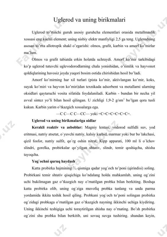 suv bilan to’ldirilgan slindrni to`ntarib qo’ying. chumoli kislotaga sulfat kislota eritmasidan oz-ozdan quying. uglerod (ii)-oksidning shiddatli ajralishini kuzating. bir oz vaqt o’tgach, slindrni suvga tushirilgan shisha plastinka bilan berkitib, suvdan chiqaring. slindr og`ziga yonib turgan cho’p tuting. slindrga yig`ilgan uglerod (ii)-oksid yonadi (uni shisha nay uchida ham yondirish mumkin). alanga rangini yozib oling. slindrdagi uglerod (ii)-oksid to’liq yonib tugashi uchun idishga suv quyib turing. uglerod (ii)-oksid yonganda uglerod (iv)-oksid hosil bo’lganiga ishonch hosil qilish maqsadida alanga ustiga ohakli suv bilan ho’llangan shisha idish (stakan)ning og`zi tutilsa, idish devorlarida oq dog` hosil bo’ladi. tegishli reaksiyalarning tenglamalarini yozing. uglerod (iv)-oksidning olinishi va xossalari a) kipp apparati o’rta qismidagi idishga marmar bo’lakchalaridan tashlab, apparatning voronkasiga xlorid kislotaning solishtirma og`irligi 1,12 (1:1) yoki 1,19 (1:4) bo’lgan suyultirilgan eritmasidan quyiladi. (nima uchun bu maqsadda sulfat kislota eritmasidan foydalanish tavsiya etilmaydi?). marmar ustiga xlorid kislota quyilganda gaz ajralib chiqishini kuzating. ajralib chiqayotgan gaz uglerod (iv)-oksid ekanini …