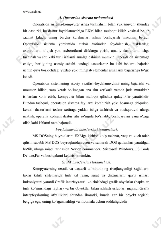 rli ta’minotining rivojlanganligi xujjatlarni taxrir kilish sistemasida turli xil rasm, surat va chizmalarni qayta ishlash imkoniyatini yaratdi.grafik interfeys-turli ko‘rinishdagi grafik obyektlar (papkalar, turli ko‘rinishdagi fayllar) va bu obyektlar bilan ishlash uslublari majmui.grafik interyfeyslarning afzalliklari shundan iboratki, bunda xar bir obyekt tegishli belgiga ega, uning ko‘rgazmaliligi va muomala uchun soddaligidadir. 2. windows operatsion sistemasining grafik interfeysi. obyektning belgilanishi-obyekt nomi va nishoni. windows ekrani elementlari; ishchi stoli, masalalar paneli,“ishga tushirish” paneli. · ishchi stoli-bu ekranning asosiy qismi, unda fayl va papkalar kabi muxim obyektlar joylashgan. · “mening kompyuterim”, “tarmoqlar aro boglanish”, “savatcha”, “internet”, “portfel” ish stolidagi asosiy obyektlar bilan tanishib chiqamiz. masalan: “mening kompyuterim”-tashqi xotira qurilmasi bilan ishlash (disk va diskyurituvchilar bilan) xamda kompyuter parametrlarini sozlash imkonini beradi. · “tarmoqlar aro bog‘lanish”-bu lokal xisoblash tarmog‘iga ulangan kompyuterlar bilan ishlash, shu bilan birga o‘zaro axborot uzatishga ko‘maklashadi. · “savatcha”- o‘chirilgan obyektlarni saqlash uchun maxsus papka. · “internet” (internet explorer)-internet global axborot tarmoqlari ishi …
