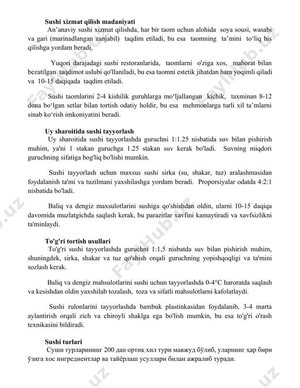 2 dona boʻlgan setlar bilan tortish odatiy holdir, bu esa mehmonlarga turli xil ta’mlarni sinab koʻrish imkoniyatini beradi. uy sharoitida sushi tayyorlash uy sharoitida sushi tayyorlashda guruchni 1:1.25 nisbatida suv bilan pishirish muhim, ya'ni 1 stakan guruchga 1.25 stakan suv kerak bo'ladi. suvning miqdori guruchning sifatiga bog'liq bo'lishi mumkin. sushi tayyorlash uchun maxsus sushi sirka (su, shakar, tuz) aralashmasidan foydalanish ta'mi va tuzilmani yaxshilashga yordam beradi. proporsiyalar odatda 4:2:1 nisbatida bo'ladi. baliq va dengiz maxsulotlarini sushiga qo'shishdan oldin, ularni 10-15 daqiqa davomida muzlatgichda saqlash kerak, bu parazitlar xavfini kamaytiradi va xavfsizlikni ta'minlaydi. to'g'ri tortish usullari to'g'ri sushi tayyorlashda guruchni 1:1,5 nisbatda suv bilan pishirish muhim, shuningdek, sirka, shakar va tuz qo'shish orqali guruchning yopishqoqligi va ta'mini sozlash kerak. baliq va dengiz mahsulotlarini sushi uchun tayyorlashda 0-4°c haroratda saqlash va kesishdan oldin yaxshilab tozalash, toza va sifatli mahsulotlarni kafolatlaydi. sushi rulonlarini tayyorlashda bambuk plastinkasidan foydalanib, 3-4 marta aylantirish orqali zich va …