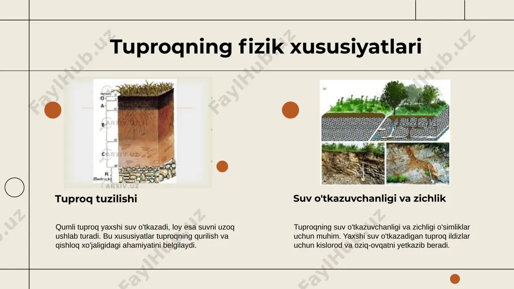 r. biologik muhofaza, jumladan, tuproq mikroorganizmlari va mycorrhiza, tuproqning mineralizatsiya jarayonini qo'llab-quvvatlaydi. zamonaviy texnologiyalar, masalan, dronlar va sun'iy intellekt, tuproq monitoringi va muhofaza qilishda yangi imkoniyatlar yaratmoqda. 1 2 davlat dasturlari va qonunchilik muhofaza uchun asos. boshqaruv zaifligi va moliyaviy cheklovlar. xalqaro tajriba va texnologiyalarni joriy etish. iqlim o'zgarishi va noto'g'ri boshqarish muammo. davlat tomonidan ishlab chiqilgan dasturlar va qonunchilik tuproqni muhofaza qilish uchun asosiy turtki bo'lib xizmat qiladi. boshqaruvdagi zaifliklar va moliyaviy resurslarning cheklanganligi muhofaza qilish choralarini kengaytirishga to'sqinlik qilmoqda. xalqaro tajribalar va texnologiyalarni joriy etish, hamkorlik va muhim loyihalarni amalga oshirish imkoniyatlari mavjud. iqlim o'zgarishi va resurslarni noto'g'ri boshqarish ekologik muhitga jiddiy tahdid solmoqda. s w o t xulosa tuproqning tabiiy xususiyatlari uning ekologik va iqtisodiy ahamiyatini belgilaydi. kimyoviy va fizik xususiyatlar tuproq unumdorligiga ta'sir qiladi, bu esa oziq-ovqat xavfsizligi uchun muhimdir. tuproqni saqlash va muhofaza qilish ekologik barqarorlikni ta'minlashda muhimdir. erni muhofaza qilish, qoplamalarni tiklash va agrotexnologiyalarni …