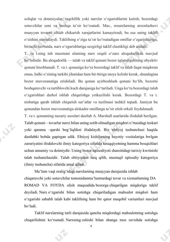 idagi teskari yoki qarama –qarshi bog`liqlikni ifodalaydi. biz ehtiyoj tushunchasi haqida dastlabki bobda gapirgan edik. ehtiyoj kishilarning hayotiy vositalariga bwlgan zaruriyatini ifodalovchi ilmiy kategoriya sifatida taraqqiyotning hamma bosqichlari uchun umumiy va doimiydir. uning bozor iqtisodiyoti sharoitidagi tarixiy kwrinishi talab tushunchasidir. talab ehtiyojdan farq qilib, mustaqil iqtisodiy kategoriya (ilmiy tushuncha) sifatida amal qiladi. maʼlum vaqt oraligʻidagi narxlarning muayyan darajasida ishlab chiqaruvchi yoki sotuvchilar tomonidanmaʼlumturdagi tovar va xizmatlarning daromad va foyda olish maqsadida bozorga chiqarilgan miqdoriga taklif deyiladi. narx oʻzgarishi bilan sotishga chiqariladigan mahsulot miqdori ham oʻzgarishi sababli talab kabi taklifning ham bir qator muqobil variantlari mavjud boʻladi. taklif narxlarning turli darajasida qancha miqdordagi mahsulotning sotishga chiqarilishini koʻrsatadi. narxning oshishi bilan shunga mos ravishda sotishga chiqariladigan tovarlar taklifi miqdori ham ortadi, narxning tushishi bilan taklif hajmi qisqaradi. 1. talab tushunchasi va uning miqdoriga ta’sir qiluvchi omillar. talab qonuni biz ehtiyoj tushunchasi haqida dastlabki bobda gapirgan edik. ehtiyoj kishilarning hayotiy vositalariga bo’lgan zaruriyatini …