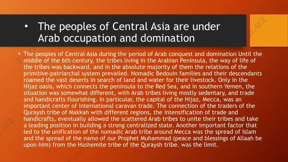 ate. another important factor that led to the unification of the nomadic arab tribe around mecca was the spread of islam and the spread of the name of our prophet muhammad (peace and blessings of allaah be upon him) from the hashemite tribe of the quraysh tribe. was the limit. the process of the islomization of the population of the region the process of islamization of the population of the region has been very complicated. many of the arab rulers are in favor of the conversion of the people to islam through coercion and force. those who refused to do so were severely punished. people of many religions were forced to convert to islam on the basis of coercion, but as the arabs lost sight of it, they returned to the religion and continued to practice their old beliefs and rituals. even in bukhara, where he converted to islam by …