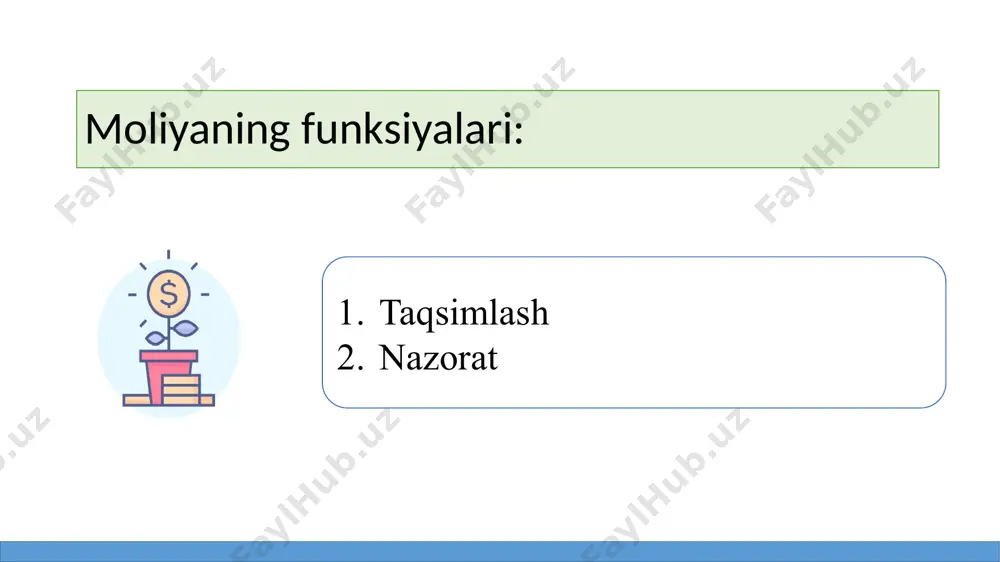 yasi taqsimlash - milliy daromadning taqsimlanishi nazorat: yaimning tegishli tartibda taqsimlanishi va taqsimlangan mablag’larni maqsadga muofiq sarflanishi ustidan nazoratni amlaga oshirish iqtisodiyotning barqarorligini ta’minlash: qamrovi funksiyalari davlat moliyasi - davlat ixtiyorida pul jamgʻarmalarining tashkil etilishi, taqsimlanishi va sarflanishi sohasidagi moliyaviy munosabatlar. davlat daromatlari: hukumat daromadlari. soliq daromadlari yoki soliqsiz daromadlar bo'lishi mumkin davlat xarajatlari:davlat xarajatlari. sog'liqni saqlash, ta'lim uchun davlat organlari tomonidan yuborilgan pullar davlar qarzi: davlat xarajatlari davlat daromadlaridan oshganda yuzaga keladi moliyaviy boshqaruv:davlat budjetini tayyorlash, qabul qilish va ijro etish va davlat siyosatini o'zgartirishni o'z ichiga oladi davlat moliyasi iqtisodiyotda davlatning ro’lini o’rganuvchi moliya sohasi hisoblanadi davlat moliyasining tarkibiy qismlari budjet daromadlari budjet xarajatlari davlat budjeti davlat qarzlari moliyaviy boshqaruvi davlat moliyasining maqsadlari: jamoat ehtiyojlarini boshqarish iqtisodiy rivojlanish daromadlar tengsizlikni qisqartirish narxlar barqarorligini ta’minlash boshqa maqsadlar xalqaro bozorlarda valyuta qaymatini saqlash iqtisodiyot moliya ta’rif: iqtisodiyot-tovar va xizmatlarni ishlab chiqarish, taqsimlash, ayriboshlash va iste’mol jaroyonini ifodalovchi umumiy tushuncha. moliya- …