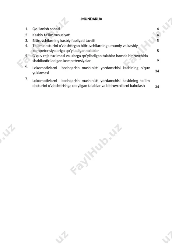 va faraz qilish, yorug‘likni sezish, faol va tez xotirlash, harakat xotirasi va moslashuvchanlik. 2.3. ta’limni davom ettirish imkoniyatlari. lokomotivlarni boshqarish mashinisti yordamchisi kasbi bitiruvchisi keyinchalik kasbiy ta’limini chuqurlashtirish maqsadida: · kadrlar malakasini oshirish tizimida, tarmoq o‘quv muassasalarida va maxsus kurslarida malakani oshirishi; · kasbiy faoliyatning tegishli sohasida yanada yuqoriroq malakaga erish maqsadida oliy ta’lim muassasasida o‘qishni davom ettirishi mumkin. 2.4. o‘qishga qabul shartlari. o‘qishga qabul shartlari amaldagi qonunchilik asosida amalga oshiriladi. 3. bitiruvchilarning kasbiy faoliyati tavsifi 3.1. bitiruvchining kasbiy faoliyat sohasi: elektrovoz mashinisti yordamchisi, teplovoz mashinisti yordamchisi dizelpoyezd mashinisti yordamchisi, elektropoyezd mashinisti yordamchisi ishlarini mehnat muhofazasi qoidalariga amal qilgan holda bajarish. 3.2. bitiruvchining kasbiy faoliyat obyektlari: 3.2.1. elektrovoz mashinisti yordamchisi kvalifikatsiyasi bo‘yicha: elektrovozlar: pe2m, pe2u, pe2mu ratsiya aloqa vositasi; tovushli va ko’rinuvchan signallar; texnik va ma’lumotnoma hujjatlar; 3.2.2. teplovoz mashinisti yordamchisi kvalifikatsiyasi bo‘yicha: teplovozlar: tem1, tem2, tem18, 2te116 ratsiya aloqa vositasi; tovushli va ko’rinuvchan signallar; texnik va ma’lumotnoma hujjatlar; 3.2.3. …