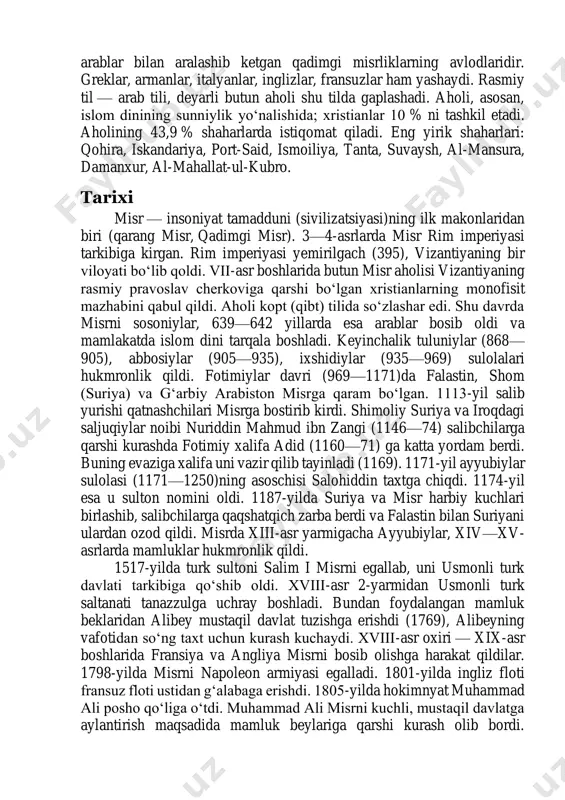 ya-misr urushi (1839—40)ga aralashuvi natijasida misr armiyasi yengildi. bundan tashqari, angliya 1838-yilgi ingliz-turk savdo bitimidagi shartlarni misrga maj-buran qabul qildirdi. bu esa mamlakatga ingliz mollari koʻplab kirib kelishiga yoʻl ochib berdi. suvaysh kanali ishga tushirilishi (1869) bilan angliya va fransiya misrda zoʻr berib oʻz hukmronligini oʻrnatishga urindi. 1882-yil inglizlar armiyasi misrni egallab oldi va xalq qoʻzgʻolonini sha-fqatsiz bostirdi. mamlakatda mustamlaka tartibi oʻrnatildi. inglizlar bank va moliya ishlarini, irrigatsiya qurilishlari, aloqa yoʻllarini oʻz qoʻllariga oldi. misr faqat paxta yetishtiradigan davlatga aylanib qoldi. 20-asr boshlarida mustafo komil (1874— 1908) rahbarligida milliy ozodlik harakati avj oldi. ammo mustamlakachilar xalq harakatini bostirdilar. 1914-yilda misrda britaniya protektorati oʻrnatildi. 1918-yilda zagʻlul saʼd boshchiligida „misr delegatsiyasi“ (keyinchalik „vafd“) partiyasi tuzildi. bu partiya 1919—1924-yillarda inglizlarga qarshi koʻtarilgan qoʻzgʻolonga boshchilik qildi. xalqning kurashi natijasida ingliz protektorati bekor qilinib, misr mustaqil podshoxlik deb eʼlon qilindi (1922). 1923-yil misr konstitutsiyasi kabul etildi. bu konstitutsiya parlament tuzishni nazarda tutdi. u ayrim erkinliklar …