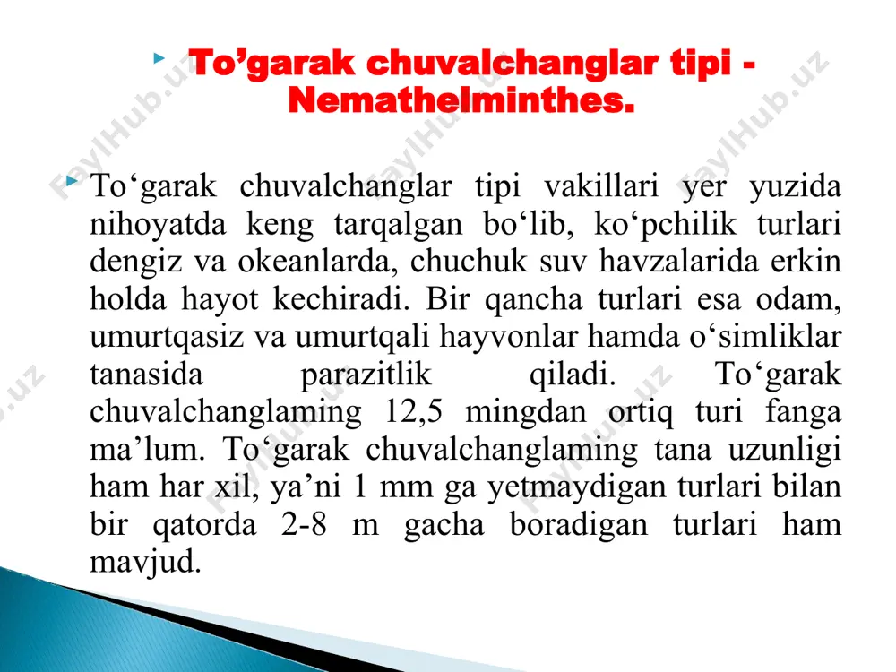 irib chiqaradi. singamoz bilan asosan jo‘jalar kasallanadi. linsiy voyaga yetgan erkak va urg‘ochi singamuslar hamma vaqt bir-biriga birikkan holda yashaydi. erkaklari urg‘ochilaridan birmuncha kichik, og‘iz kapsulasi yarim sharsimon xitinlashgan boiib, juda yaxshi rivojlangan. erkaklarining uzunligi 2-6 mm, urg‘ochilariniki esa 5-20 mm boiib, jinsiy teshigi tanasining oldingi qismida joylashgan. urg‘ochisining uzunligi1,4 mm, erkaginiki 1,3 mm atrofida bo’ladi. ichida nematodasi bo’lgan kartoshkaning poyasi soglariga nisbatan yo‘g‘on, barglari kichkina va och rangli bo’ladi. sog‘ kartoshkaga qaraganda kasallanganining tuplari 1,5-2 marta kichik bo‘ladi. nematoda kartoshka hosil bo‘la boshlashi oldidan poyadan kartoshka ichiga o'tadi. poya va kartoshka ichida parazit juda tez ko‘payadi va bir necha marta nasl beradi. so‘ngra kartoshka qurigunga qadar tuproqqa chiqib ketadi. bu nematoda bilan 40-60 % ga yaqin kartoshka zararlanadi. bir yilda 1-2 marta nasl beradi. o‘simlik nematodalari ichida eng yirigi hisoblanadi. erkagining uzunligi 2,5 mm, urg‘ochisiniki esa 5 mm atrofida bo’ladi. bu nematoda bug‘doy va boshqa boshoqli ekinlarga zarar yetkazadi. …