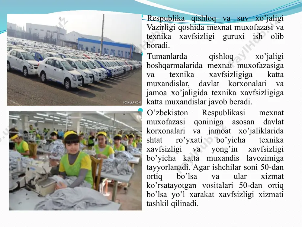 chiqish xavfsiz mexnat bo’yicha ishchilarni attestatsiyadan o’tkazishlar kiradi. ish sharoitini yaxshilash xonalarni isitilishini yaxshilash, namlikni yoritilganlikni meyorlashtirish, xonalarni zararli gazlar miqdorini aniqlash kiradi. texnika xavfsizligini takomillashtirish. to’siqlarni yaxshilash, ximoyalovchi vositalar avtomatik signalizatsiyalar va blakirovkalarni o’rganish va yuk ko’taradigon mexanizmlar sinovi va xujjatlashtirishni vaqti-vaqtida o’tkazish. mexnat xavsizligini nazorat qilish uch yo’nalishda amalga oshiriladi. boshqarma: viloyat tuman qishloq xo’jaligi boshqarmasi. bosh mutaxasislar: ishlab chiqarish uchaskasi raxbari nazorat qiladi. kasaba uyushma: texnik inspeksiya va mexnat bo’yicha kasaba uyushmadagikamissiyasi nazorat qiladi bosh mutaxassislar ishlab chikarishda mexnat xavfsizligining xolatiga sex va uchastkalarda zararsiz va xavfsiz mexnat sharoitlarini yaratib berishga javob beradi.mexnat xavfsizligi buyicha amaldagi konun va meyorlarga amal kilishlari shart. nosoz mashina va uskunalarni ishga kuymaslikni,ishchilarga sanitariya-maishiy xizmat kursatishni taminlaydilar.texnologik uskunalarni ruyxatga olish va xujjatlashtirishni,yukori bosim ostida ishlaydigan idish va apparatlarni,yuk kutarib turadigan mashina va mexanizmlarni,nazorat ulchov asboblarni vaboshka uskunalarni vakti-vakti bilan sinovdan utkazib,xujjatlashtirib turadilar. xar- bir korxona mexnatni muxofaza qilish uchun zarur mablag’larni jamoa …