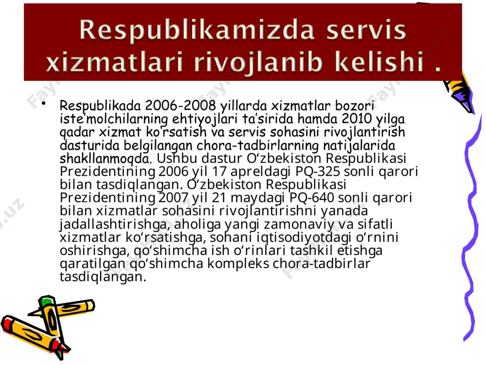 tashkil etilmoqda. dasturning bajarilishi davomida sohada 520 mingta yangi ish o‘rinlari tashkil etilgan. joriy yilning 1 oktyabr holatiga ushbu sohada jami 5 mln. kishi faoliyat ko‘rsatmoqda qarorlarda berilgan qator imtiyozlar, moliyaviy qo‘llab-quvvatlash sohani yanada rivojlantirishga ijobiy ta’sir ko‘rsatmoqda. 2007-2008 yillarda bolalar sog‘lomlashtirish markaziga ko‘rsatilgan 50 mln.so‘m hajmdagi imtiyozli moliyaviy yordam natijasida ular tomonidan bolalarga ko‘rsatgan xizmatlar hajmi 3 martaga, bolalar sport tashkilotlarining xizmatlari 2 martaga oshdi. respublikada tadbirkorlikni kredit mablag‘i ajratish yo‘li bilan qo‘llab-quvvatlash mexanizmi yaxshi yo‘lga qo‘yilganligi sababli sohada oilaviy, ayollar tadbirkorligi hamda kichik biznes rivojlanib bormoqda. infratuzilmalarni kreditlash mehnat va aholini ijtimoiy muhofaza qilish vazirligi qoshidagi “bandlik”, “mikrokreditbank” va boshqa tijorat banklari tomonidan amalga oshirilmoqda. ular orqali tadbirkorlarga o‘tgan davrda 30 mlrd.so‘mlik imtiyozli kreditlar ajratilgan. bundan tashqari yangi kreditlash usuli – lizing yo‘li bilan kichik biznesni va xususiy tadbirkorlikni rivojlantirish yo‘lga qo‘yilgan. bugungi kunda respublikamizda tu¬rizm tobora rivojlanib bormoqda. yurtimizga tashrif buyurayotgan mehmonlar mustaqillik yillarida mamlakatimizda ro’y bergan …