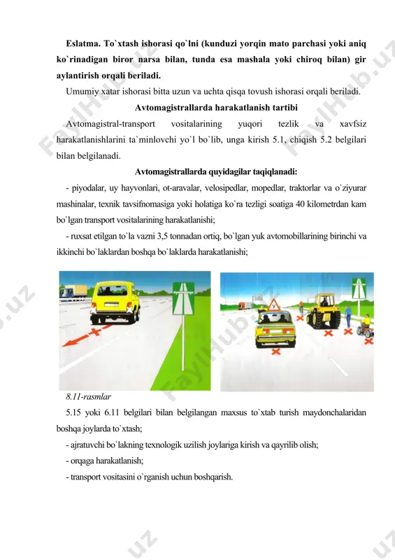dek, undan chiqishda o`zining harakat yo`nalishini kesib o`tayotgan piyodalar va velosipedchilarga yo`l berishi kerak (yhq. 10.2). tik nishablik va balandliklarda harakatlanish qoidalari qiyaliklarda avtomobillarning tik og`irlik kuchi pastga qarab tik yo`nalishda va nishablik tomon yo`nalgan, tashkil etuvchilarga ajraladi. nishablik tomonga yo`nalgan og`irlik kuchining bir qismini tashkil etuvchi kuch shu yo`nalishda ketayotgan avtomobilning harakatlanishini tezlashtiradi. nishablik darajasi (h) yuqori bo`lmasa, u xavf tug`dirmaydi, balki haydovchiga moyil keladi. lekin nishablik dara​jasi (h) ortib, yo`l uzaygan sari bu kuchning ta`siri oshadi va harakat- lanish xavfsizligiga aks ta`sir etib, avariya holatiga olib kelishi mumkin. ayniqsa, tezlik (tezlanish) oshib ketishi natijasida tajribasiz yosh haydovchilar qiyaliklarda tez-tez tormoz beradilar. bu esa, tormoz kolodkalarini qizib, ishdan chiqishiga olib keladi, bu muqarrar falokatdir. dovonlarda va uzoq; tik nishabli yo`llarda to`xtatish tizimi ishlamay qolgan transport vositalari o`z harakatini to`xtatish uchun 5.40 belgisi bilan belgilangan (falokatli holatlar uchun mo`ljallangan) yo`lga kirishlari kerak. bu maxsus qoplamali yo`l transport vositalarini xavfsiz to`xtatish …