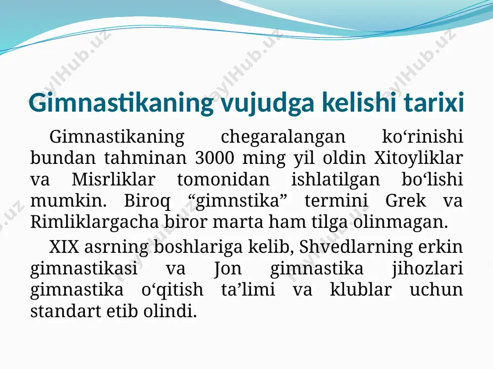 bо‘yicha qisqa dastur»ni ishlab chiqdi. dasturda gimnastika, yugurish, sakrash о‘yinlari bilan shug‘ullanish kо‘zda tutilgan. mazkur dastur mundarajasida quyidagilar bayon etilgan: «gimnastikaning maqsadi tо‘g‘ri jismoniy rivojlanishga erishish, inson organizmi faoliyatidagi kamchiliklarni tuzatish, harakatlarni koordinatsiyalash qobiliyatini yuzaga keltirish, tartib-intizomni rivojlantirish va asab tizimini mustahkamlash». 1933-yilda toshkentda bо‘lib о‘tgan 1-о‘rta osiyo va qozog‘iston respublikalari spartakiadasida jamoa birinchiligida birinchi о‘rinni о‘zbekistonlik gimnastlar qо‘lga kiritishdi. 1935-1937-yillarda «spartak», «lokomotiv», «dinamo» kо‘ngilli sport jamiyatlarining tashkil topishi respublikada gimnastikani yanada rivojlanishiga turtki bо‘ldi. ushbu sport jamiyatlarida gimnastika bolalar va о‘smirlar sport maktablari (bо‘sm) tashkil etilib, unda 100 dan ortiq yosh sportchilar tahsil olishgan. ularga о‘sha davming yetakchi murabbiylari n.salnikov, n.kotin, a.petuxovlar saboq berishgan. ushbu maktablarda saboq olgan sport ustasi a.abramyan, mamlakatning mutlaq chempioni g.konovalova, a.borodin, n.tarasov va v.merkulovlar esa, о‘z davrining ilg‘or sportchilari edi. 1934-yili toshkentda jismoniy tarbiya texnikumi ochilib, unda moskva institutining bitiruvchisi yan xalilovich murtazin, rashid hamidov va umar asadovlar gimnastikadan saboq berishgan. 1936-yiida texnikum talabalari …
