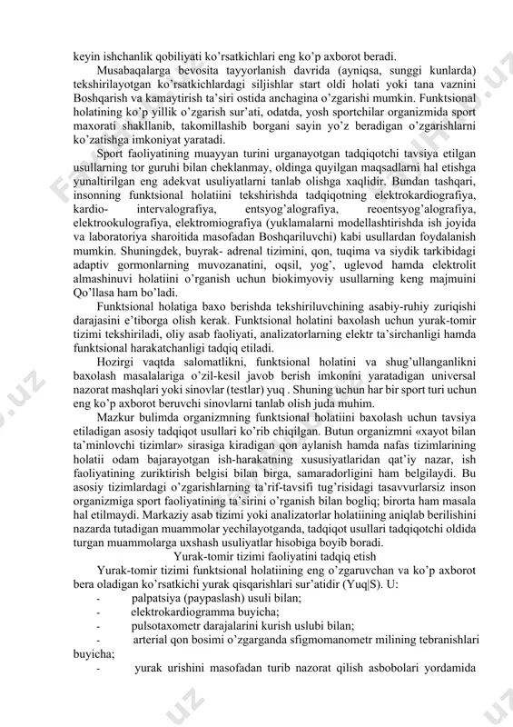 kunini kichik yoki o’rtacha yuklamalarga asoslanib to’zishda funktsional ko’rsatkichlarning dam olish kuniga nisbatan tebranishlari oshganligini ko’zatish mumkin. yuklamadan keyin darxol arterial qon bosimi, nafas olish va yurak qisqarish suratining(yu/s) tez tiklanishi qayd etiladi. mazkur ko’rsatkichlar o’zining dastlabki darajasiga bir necha soatdan sung, ba’zan esa keyingi kunning tongida yetib keladi. katta yuklamali mashg’ulot kunini tashkil etishda sportchi funktsional holatiida jiddiy siljishlar qayd etiladi. masalan, sportchi tana vaznining kamayishi sport turi xususiyatlariga qarab0,5-1,5 kg ni tashkil etadi. mashg’ulot mikrotsikli jarayonida funktsional holatidagi o’zgarishlar sur’ati sportchining sport faoliyati, shug’ullanganlik darajasi, malakasi, tayyorgarlik davri va bosqichiga bog’liq;. masalan, sportchining mashg’ulotlar seriyasidan keyin hali tiklanib ulgurmaganligini kds, arterial qonbosimi (ayniqsa, diastolik), tremor amplitudasi, vestibulyar barqarorlikni ko’zatib borish asnosida aniqlasa bo’ladi. standart yuklama hamda tiklanish davri vaqtidagi yurak qisqarish suratini(yu/s) yozib borish yuli bilan, shuningdek, tadqiqotning asbob- uskunalar usuli yordamida yana ham aniq ko’rsatkichlarga ega bulish mumkin. tiklanib ulgurilmaganlik sharoitida maksimal jadallik bilan o’tkazilgan bir martalik …
