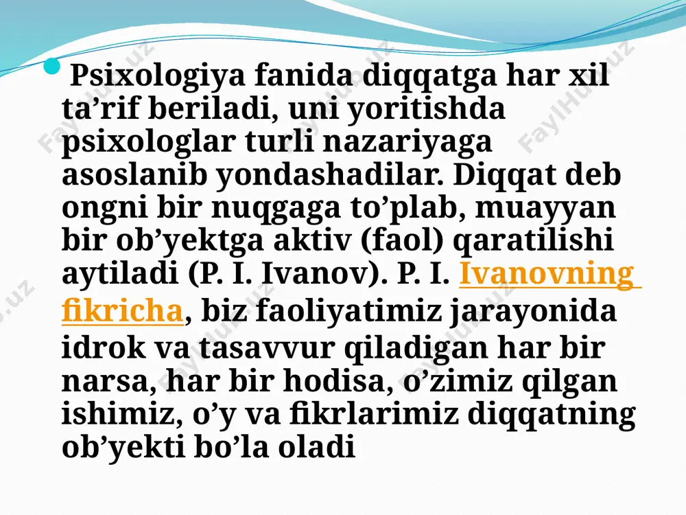 at bitta narsa ustida to’plangan bo’lsa buni konsentratsiyalashgan (to’plangan) diqqat deb yuritiladi. buning aksicha, agar diqqatimiz ayni bir vaqtda bir necha narsaga qaratilgan bo’lsa, buni bo’lingan (taqsimlangan) diqqat deb yuritiladi. diqqatning bo’linishi har kimda har xil bo’ladi. buning sababi shundaki, diqqatning yengillik bilan bo’linishi diqqatimiz qaratilgan narsalarning ilgaridan bizga qanchalik tanishligi bilan bog’liqdir. diqqatning ko’chuvchanligi. odamning diqqati har doim bir narsada ikkinchi bir narsaga, bir faoliyatidan boshqa bir faoliyatiga ko’chib turadi. diqqatning ana shunday xususiyatini diqqatning ko’chuvchanligi deb yuritiladi. diqqatning ana shu yuqorida ko’rib o’tgan asosiy xususiyatlari odamning (shu jumladan bolalarning ham) barcha turdagi faoliyatlari uchun juda kerakli xususiyatlardir. diqqatning ana shu xususiyatlari tufayli odam atrofidagi muhitga, undagi turli-tuman o’zgarishlarga tez moslasha oladi. diqqatning bu asosiy xususiyatlari odamga tug’ma ravishda, ya’ni irsiy yo’l bilan berilmaydi. bu xususiyatlar odamning yoshlik chog’idan boshlab turli faoliyatlar- o’yin, o’qish va mehnat faoliyatlari jarayonida tarkib topib boradi. diqqatning ko’lami. odamlar o’z diqqatlarining ko’lami jihatidan ham …