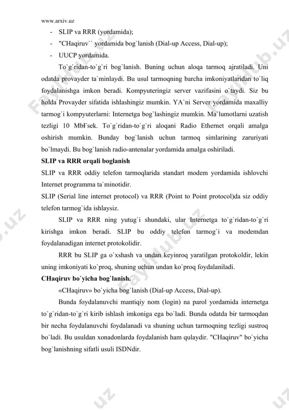 ozilganidan qatiy nazar, undan to`liq foydalannsh imkoniyatlarini yaratib berishdir. internetga ulanish tartibi internetga bog`lanish uchun avvalombor kompyuter, aloqa kanali, modem va programma ta`minotiga ega bo`lish kerak. provayder telefon raqamlarini olish, hamda mijozning qayd qilingan takrorlanmas nomi (login) va paroli (16m1969) ga ega bo`lish zarur. internetga ulanish tartibini aniq bir misolda ko`rib chiqamiz. "sarkor" provayderi orqali internetga ulanmoqchisiz. · "moy kompyuter" piktogrammasida sichqonchaning chap tugmasini ketma-ket ikki marta bosasiz. ekranda darcha ochiladi; · darchadan «udalennўy dostup k seti» belgisiga sichqoncha ko`rsatgichini olib borib ketma-ket ikki marta bosasiz; · "novoe soedinenie» belgisida tugma ikki marta bosiladi; · ekranda muloqot "darcha" paydo bo`ladi. ushbu darchadagi "vvedite nazvanie soedineniya" jumlasi tagidagi joyga yangi bog`lanish nomini kiriting. masalan: sarkor; · darchaning nastroyka tugmasi yordamida kompyuterga o`rnatilgan modemning modeli va turini tanlang, so`ngra "dalee" tugmasini bosing. kompyuter ekranida darcha paydo bo`ladi. · ushbu darchada ma`lumotlarni kiritish uchun uchta joy ajratilgan. shahar kodi (kod goroda); telefon va …