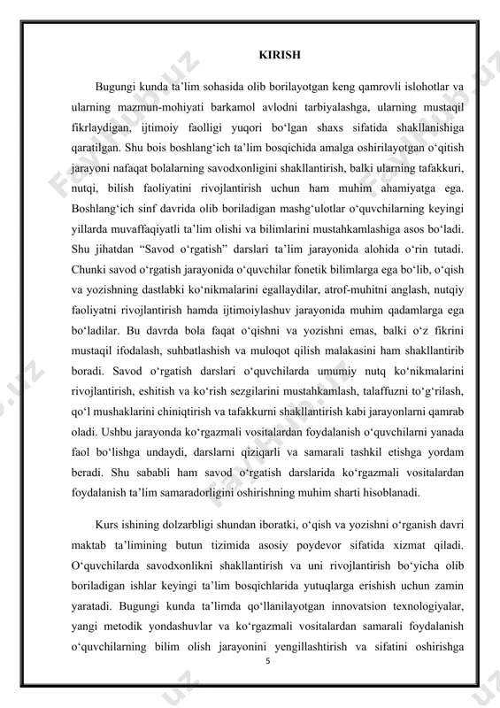 hiqish. kurs ishining ob’ekti: boshlang‘ich sinflarda savod o‘rgatish jarayoni va unda qo‘llaniladigan ko‘rgazmali vositalardan foydalanish holati. kurs ishining predmeti: savod o‘rgatish darslarida ko‘rgazmali vositalardan foydalanish orqali o‘quvchilarning o‘qish va yozishga oid ko‘nikmalarini shakllantirish. kurs ishining amaliy ahamiyati: ushbu kurs ishida ilgari surilgan nazariy va amaliy g‘oyalar, ko‘rgazmali vositalardan foydalanish bo‘yicha taklif va tavsiyalar o‘qituvchilar uchun qo‘llanma sifatida xizmat qilishi mumkin. bundan tashqari, mazkur ish natijalari pedagogik faoliyatda, ta’lim jarayonida samaradorlikni oshirish, darslarni qiziqarli tashkil etish va o‘quvchilarning bilimlarni mustaqil o‘zlashtirish ko‘nikmalarini rivojlantirishda qo‘llanishi mumkin. kurs ishining tuzilishi: kirish qismidan, ikki bob, to‘rt bo‘lim, umumiy xulosa va tavsiyalar hamda foydalanilgan adabiyotlar ro‘yxatidan iborat. i bob. boshlang‘ich sinf matematika darslarida qismga ko‘ra butunni topishga oid masalalarning nazariy asoslari 1.1. qism va butun tushunchalarining matematik asoslari va ularni boshlang‘ich sinfda shakllantirish boshlang‘ich sinf matematika darslarida qism va butun tushunchalari o‘quvchilarda ilk matematik mantiqiy tafakkurni shakllantirishda eng asosiy o‘rin tutadi. qism tushunchasi matematikada butunlikning …