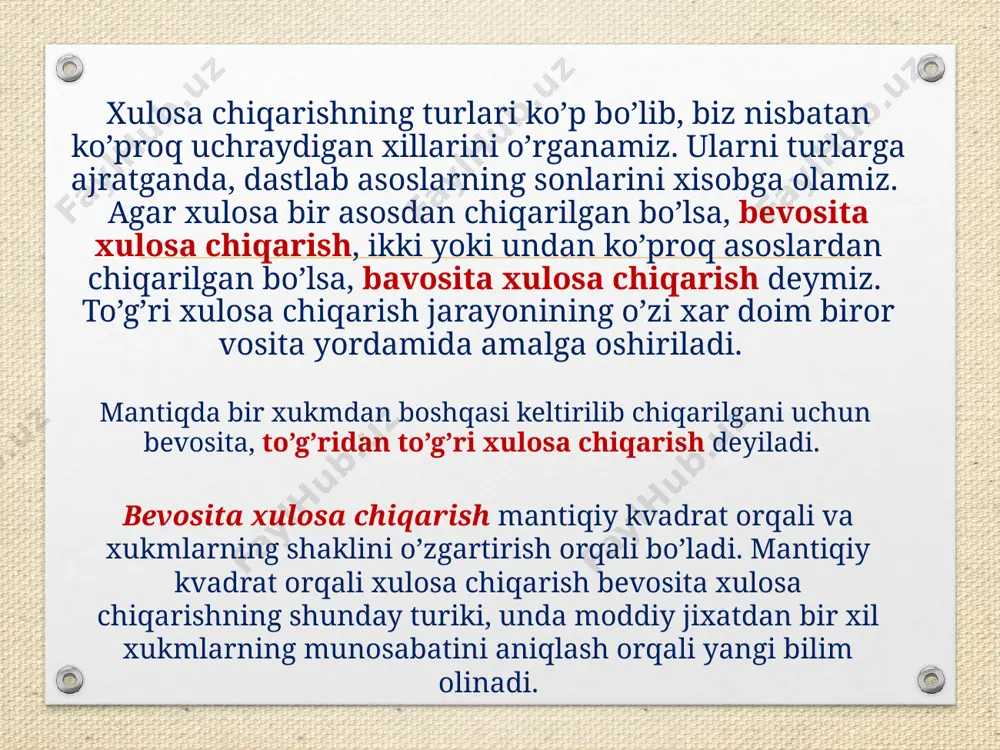 xodisalarning muxim xususiyatlarining takrorlanishini o’rganish natijasida xosil bo’ladi. analogiya analogiya shunday xulosa chiqarish turiki, unda predmetga ma’lum bir belgining xosligi xaqidagi xulosa shu predmetning boshqa predmet bilan muxim xossalariga ko’ra o’xshashligiga asoslanib chiqariladi. analogiya predmetlar, ularning xususiyatlari o‘rtasidagi aloqalar va munosabatlarga tayanadi, ya’ni u o‘zining ob’ektiv asosiga ega. mantiqda yana xulosaning aniqlik darajasiga qarab, qat’iy analogiya, qat’iy bo’lmagan analogiya va xato analogiyalar ajratiladi. analogiya bo’yicha chiqariladigan xulosaning aniqlik darajasini, ya’ni chin bo’lish extimolini oshirish uchun ma’lum bir shartlarga rioya qilish lozim. analogiyaning bir qancha turlari mavjud. o’xshatilayotgan ob’ektlarning xarakteriga qarab, xususiyatlar analogiyasi va munosabatlar analogiyasi farq qilinadi. bunda ikkita predmet o’xshatilib, biridan ikkinchisiga fikran birorta xususiyat ko’chiriladi. e’tiboringiz uchun rahmat. image12.png image13.jpeg image14.jpeg image15.jpeg image16.jpeg image1.jpeg image2.jpeg image3.jpeg image4.jpeg image5.jpeg image6.jpeg image7.jpeg image8.jpeg image11.png achtung /docprops/thumbnail.jpeg
