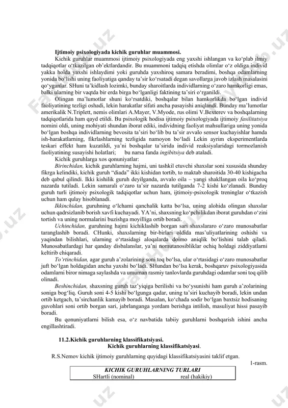 da bir erda birga bo‘lganligi faktining ta’siri o‘rganildi. olingan ma’lumotlar shuni ko‘rsatdiki, boshqalar bilan hamkorlikda bo‘lgan individ faoliyatining tezligi oshadi, lekin harakatlar sifati ancha pasayishi aniqlandi. bunday ma’lumotlar amerikalik n.triplett, nemis olimlari a.mayer, v.myode, rus olimi v.bexterev va boshqalarning tadqiqotlarida ham qayd etildi. bu psixologik hodisa ijtimoiy psixologiyada ijtimoiy fasilitatsiya nomini oldi, uning mohiyati shundan iborat ediki, individning faoliyat mahsullariga uning yonida bo‘lgan boshqa individlarning bevosita ta’siri bo‘lib bu ta’sir avvalo sensor kuchayishlar hamda ish-harakatlarning, fikrlashlarning tezligida namoyon bo‘ladi lekin ayrim eksperimentlarda teskari effekt ham kuzatildi, ya’ni boshqalar ta’sirida individ reaksiyalaridagi tormozlanish faoliyatining susayishi holatlari; bu narsa fanda ingibitsiya deb ataladi. kichik guruhlarga xos qonuniyatlar: birinchidan, kichik guruhlarning hajmi, uni tashkil etuvchi shaxslar soni xususida shunday fikrga kelindiki, kichik guruh “diada” ikki kishidan tortib, to maktab sharoitida 30-40 kishigacha deb qabul qilindi. ikki kishilik guruh deyilganda, avvalo oila – yangi shakllangan oila ko‘proq nazarda tutiladi. lekin samarali o‘zaro ta’sir nazarda …