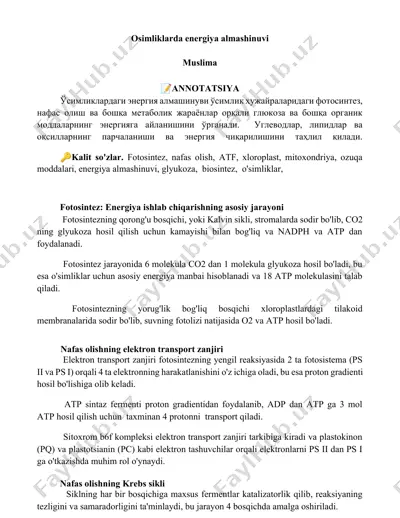 osimliklarda energiya almashinuvi — DOCX