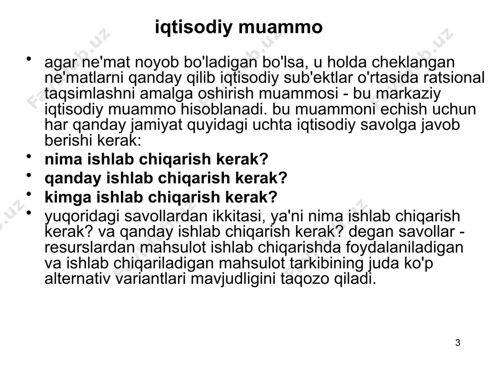 htiyoj - shaxsni, korxonani yoki jamiyatni faoliyat ko'rsatishini va rivojlanishini ta'minlab turish uchun zarur bo'lgan moddiy rеsurslar. iqtisodiy ehtiyojni iqtisodiy faoliyatga undaydigan ichki kuch sifatida qarash mumkin. iqtisodiy ehtiyojni ikki turga bo'lish mumkin: birlamchi ehtiyoj (oziq-ovqat, kiyim-kеchak, uy-joy); ikkilamchi ehtiyoj (dam olish, sayohat qilish, sport bilan shug'ullanish, o'qish va hokazo). umuman olganda, ehtiyoj rеal va norеal bo'lishi mumkin. 10 iqtisodiy bazis tushunchalar iqtisodiy nе'mat - bu ehtiyojni qondirish vositasi. nе'matlar chеlangan va chеklanmagan bo'lishi mumkin. chеklangan nе'matlarga tovarlar, xizmatlar va rеsurslar kiradi (avtomobil, kiyim-kеchak, non, paxta tolasi va boshqalar). chеklangan nе'matlar iqtisodiy nе'matlarni tashkil qiladi. chеklanmagan nе'matlarga misol tariqasida havo va suv kirishi mumkin. bir-birini o'rnini bosuvchi nе'matlar - bu bir xil ehtiyojni qondiruvchi nе'matlardir. masalan, shaxsning go'sht mahsulotiga bo'lgan ehtiyojini mol go'shti, qo'y go'shti yoki parranda go'shti bilan qondirish mumkin. odatda, bir-birini bosuvchi tovarlardan biri narxining oshishi, boshqasiga bo'lgan talabni oshishiga olib kеladi. 11 iqtisodiy bazis tushunchalar o'zaro bir …