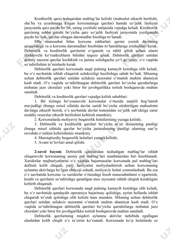 muvofiq javobgarlik shartlari (ma’muriy va moliyaviy) belgilangan. debitorlik va kreditorlik majburiyatlarini hisobdan chiqarish muddati sifatida huquqiy shaxslar o‘rtasida ham, korxona bilan jismoniy shaxslar urtasida xam 3 yil muddat qilib belgilangan. ushbu muddatda to‘lanmagan yoki undirib olinmagan majburiyatlar, karzlar korxona fondi va zararlariga olib boriladi. muddati o‘tgan debitorlik va kreditorlik majburiyatlari davlat tamonidan nazorat qatori sifatida olingan. muddati o‘tkazib yuborilgan kreditorlik majburiyatlari korxona foydasiga qo‘shiladi va umumiy asosda foydadan soliq stavkasi buyicha soliqqa tortiladi. muddati o‘tgan debitorlik va kreditorlik majburiyatlarini foyda va zararlar qatoriga olib borish shartlari davlat hisob, soliq qonunchiligiga muvofiq qat’iy tartiblangan. ya’ni, debitorlik va kreditorlik majburiyatlarini foyda va zararlar katoriga olib borishga kadar ularni tulash yoki undirib olish yuzasidan qanday yozishmalar yoki murojaatlar bo‘lgan, orbitraj qarori chiqarilgan yoki chiqarilmaganligi va x.k. buyicha dastlabki hujjatlar to‘plami tayyorlanmog‘i lozim. faqat shundagina uni foyda va zararlar qatoriga olib borish mumkin. muddati o‘tgan, to‘lash muddati kelgan majburiyatlar alohida hisobga olinadi va boshqariladi. …