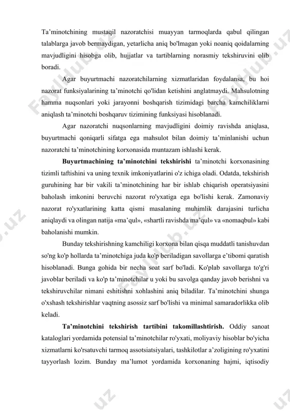 iladilar. ta’minotchini shunga o'xshash tekshirishlar vaqtning asossiz sarf bo'lishi va minimal samaradorlikka olib keladi. ta’minotchini tekshirish tartibini takomillashtirish. oddiy sanoat kataloglari yordamida potensial ta’minotchilar ro'yxati, moliyaviy hisoblar bo'yicha xizmatlarni ko'rsatuvchi tarmoq assotsiatsiyalari, tashkilotlar a’zoligining ro'yxatini tayyorlash lozim. bunday ma’lumot yordamida korxonaning hajmi, iqtisodiy barqarorlik, manzili, ko'rsatilayotgan xizmatlar sohasi singari qo’yilgan talablarga javob beradigan ta’minotchilar ro’yxati bilan cheklanish mumkin. potensial ta’minotchilar haqida barcha zarur ma’lumotlar hamda ta’minotchinmg belgilangan muddatlarda turli xil yangi buyurtmalami bajarish xohishini aniqlash so'rovining muxbirlik usuli tavsiya qilinadi. tekshiruv guruhi faqat potensial ta’minotchilarga yo’naltiriladi. nazorat ro’yxati savollarining katta qismiga javob olgan holda guruh bu ishni tezda yakunlaydi. guruh ta’minotchining texnologik xodimi bilan intervyu, bevosita sexda jarayonning nazorat kartalari samaradorligini tekshirish va ishchilarning nazorat kartalarini to’g’ri tushunishini so’rov qilish kabi muhim savollarga e’tiborini qaratadi. ta’minotchilarda ishlab chiqarilayotgan mahsulot sifatiga to’g’ri munosabatni shakllantirish ular bilan hamkorlik munosabatlarini ta’minlashda muhim rol o’ynaydi. ta’minotchini tekshirish va uning ishlab chiqarish natijalariga oid axborotni …