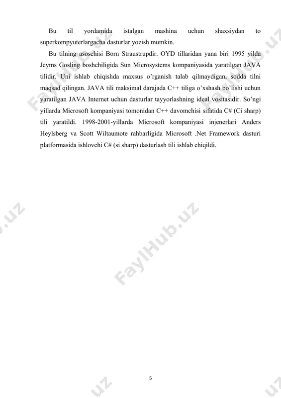 atilganda ekranda hosil bo’lgan natija: write va writeline metodlari. write metodi unga yuborilgan o’zgaruvchi qiymatini ekranga chiqarish vazifasini bajaradi. u string tipini qabul qiladi. u barcha bazali tiplar uchun ishlaydi. shuning uchun uni parametr sifatida chaqirish mumkin. writeline metodining farqi shundaki, u keyingi (yangi) satrdan boshlab o’ziga yuborilgan o’zgaruvchi qiymatini ekranga chiqarib beradi. c# dasturlash tilining alfaviti quyidagilardan iborat. alfavit (yoki lite-rallar yig’indisi) c# tilida ascii kodlar jadvali bilan birgalikda quyidagi belgilarni o’z ichiga oladi: - lotin harflari; - 0 dan 9 gacha raqamlar; - “_” belgisi (harf sifatida ham ishlatiladi); - maxsus belgilar to’plami : {}, 1 [] + - % / \ ; : ^ ? <> = ! & # ~ *; - boshqa belgilar. c# alfaviti so’zlarni tuzishda xizmat qiladi, ya’ni leksemalarni tuzishda. leksemalarning 5 turi bor: - identifikator - kalit so’z - amallar belgilari - literallar - ajratuvchilar kalit so’zlar va nomlar. quyidagi ro’yxatda c# …