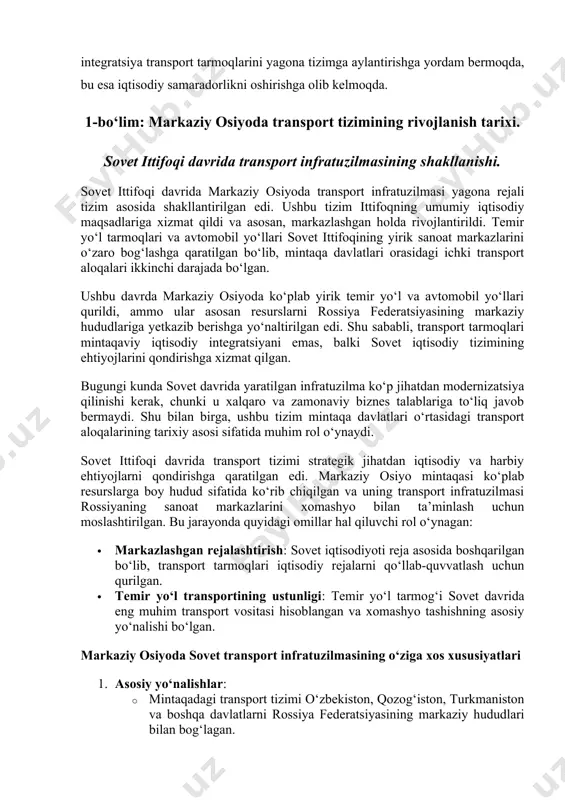 avrida transport tizimi strategik jihatdan iqtisodiy va harbiy ehtiyojlarni qondirishga qaratilgan edi. markaziy osiyo mintaqasi ko‘plab resurslarga boy hudud sifatida ko‘rib chiqilgan va uning transport infratuzilmasi rossiyaning sanoat markazlarini xomashyo bilan ta’minlash uchun moslashtirilgan. bu jarayonda quyidagi omillar hal qiluvchi rol o‘ynagan: · markazlashgan rejalashtirish: sovet iqtisodiyoti reja asosida boshqarilgan bo‘lib, transport tarmoqlari iqtisodiy rejalarni qo‘llab-quvvatlash uchun qurilgan. · temir yo‘l transportining ustunligi: temir yo‘l tarmog‘i sovet davrida eng muhim transport vositasi hisoblangan va xomashyo tashishning asosiy yo‘nalishi bo‘lgan. markaziy osiyoda sovet transport infratuzilmasining o‘ziga xos xususiyatlari 1. asosiy yo‘nalishlar: · mintaqadagi transport tizimi o‘zbekiston, qozog‘iston, turkmaniston va boshqa davlatlarni rossiya federatsiyasining markaziy hududlari bilan bog‘lagan. · ichki mintaqaviy aloqalar ikkinchi darajali ahamiyatga ega bo‘lib, faqat xomashyo tashish ehtiyojlariga xizmat qilgan. 2. qo‘shimcha transport vositalari: · havo transporti sovet davrida cheklangan bo‘lsa-da, strategik yuklarni tashishda foydalanilgan. · avtomobil yo‘llari asosan mahalliy ehtiyojlar uchun yaratilgan va xalqaro standartlarga mos kelmagan. 3. …