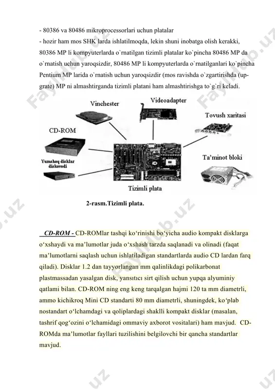 ta’minot bloki barcha kompyuter komponentlari uchun yagona quvvat manbai bo'lib, u barqaror va to'g'ri elektr ta'minotini ta'minlashga mas'uldir. ta’minot blokining bir nechta texnik xususiyatlari mavjud bo’lib, ularni harid qilishdan avval hisobga olish zarur. noto'g'ri, sifatsiz ta’minot blokni tanlash ko'pincha tizimning beqarorligi va yomon ishlashiga olib keladi. quyidagi ko'rsatmalarga rioya qilgan holda shaxsiy kompyuteringiz uchun ideal ta’minot blokini tanlang. 4-rasm. ta’minot bloki bilan tanishish ona plataga analogli va raqamli videokartalarni o’rnatish - tizimli plataning standarti (form-faktori) uning o‘lchamini, tashqi qurilmalarni ulash uchun mo‘ljallangan chiqishlarning holati va mahkamlash teshiklarining joylashishini belgilaydi plataning aniq modeli va formatiga qarab teshiklar soni 6 tadan 12 tagacha bo‘lishi mumkin. ularning platadagi holati qat’iyqayd qilingan. 2.8-rasmda tizimli plataning uchta standarti uchun mahkamlash nuqtalarining sxematik rejasi ko‘rsatilgan. tizimli plata yig‘ish shassisiga uning yuzasidan taxminan 5 mm balandlikda mahkamlanadi. metall vtulkalar yoki plastmassali moslamalar plata bilan g‘ilof o‘rtasidagi oraliqni ta’minlaydi. platani unga o‘rnatilayotgan qurilmalarning og‘irligidan vujudga keladigan o‘zgarishni kamaytirish …