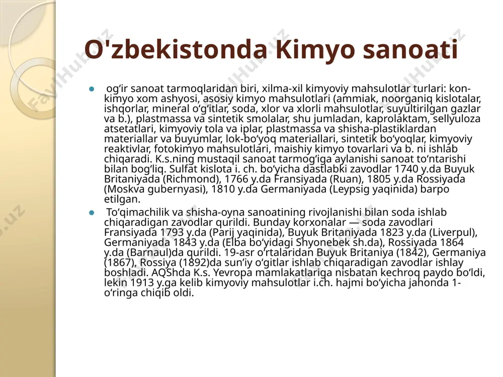 ovun zavodi, neftni haydash zavodi, 2 boʻyoq f-kasi) boʻlgan. zamonaviy k.s.ning shakllanishi 1932 y. qadimdan oltingugurt qazib olingan shoʻrsuv oltingugurt koni (fargʻona vodiysi)ning ishga tushirilishi bilan boshlandi. bu korxona sobiq sssrda ishlab chiqariladigan oltingugurtning 57% ini bergan va itti-foqning oltingugurt mustaqilligini taʼminlashda muhim rol oʻynadi. k.s.ning eng yirik korxonasi chirchiq elektr kimyo kti 1940 y. okt.dan mahsulot bera boshladi. shu yili 608,9 t ammiak, 961,7 t kuchsiz azot kislotasi va 930 t ammiak selitrasi ishlab chiqarildi. 1940 y.da respublikaning jami sanoat mahsuloti hajmida k.s. hissasi 0,8% ni, k.s.da band boʻlgan ishchilar soni sanoat ishchilarining 1% ni tashkil etgan, sanoat i.ch. fondining 7,4% k.s. hissasiga toʻgʻri kelgan. urushdan keyingi yillarda 1946 y.da qoʻqon, 1957 y.da samarqand superfosfat zavodlari ishga tushirildi va bu zavodlar respublika q.x.ning fosforli oʻgʻitlarga boʻlgan ehtiyojlarini taʼminlashga xizmat qildi. buxoro viloyatida gazli gaz koni ishga tushirilishi bilan tabiiy gazdan foydalanish asosida 1963 y.da fargʻona azotli oʻgʻitlar zavodi, 1964 …