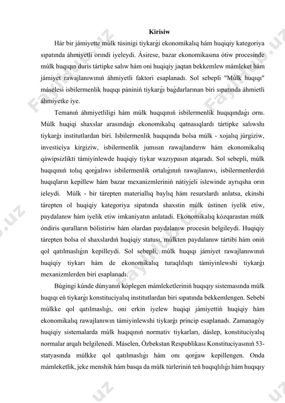 tılmaslıǵı, oni erkin iyelew huqiqi jámiyettiń huqiqiy hám ekonomikalıq rawajlanıwın támiyinlewshi tiykarģı princip esaplanadı. zamanagóy huqiqiy sistemalarda múlk huqıqınıń normativ tiykarları, dáslep, konstituciyalıq normalar arqalı belgilenedi. máselen, ózbekstan respublikası konstituciyasınıń 53-statyasında múlkke qol qatılmaslıǵı hám onı qorǵaw kepillengen. onda mámleketlik, jeke menshik hám basqa da múlk túrleriniń teń huqıqlılıǵı hám huqıqıy jaqtan birdey qorǵalıwı anıq kórsetip ótilgen. sonday-aq, konstituciyanıń basqa statyalarında da múlk huqıqı, atap aytqanda, isbilermenlik jumısında paydalanılatuǵın múlktiń huqıqıy tiykarları óz kórinisin tapqan. normativlik tiykarlardıń áhmiyetli bólegin puqaralıq kodeksleri, jer kodeksleri, ekonomikalıq xizmetti tártipke salıwshı nizamlar quraydı. olar múlkke iyelik etiw, onnan paydalanıw hám oni iyelewdiń huqiqiy tártibin belgileydi. ásirese, zamanagóy ekonomika sharayatında intellektuallıq múlk huqıqın qorǵaw máselesi de ayrıqsha áhmietke ie bolmaqta. kóplegen mámleketlerde intellektual múlk obyektleri óz aldına nizamlar hám xalıqaralıq shártnamalar tiykarında qorgaladı. xalıq aralıq huqıq sistemasında da múlk huqıqınıń normativ tiykarları bekkemlengen. insan huqıqları pútkil jáhán deklaraciyasınıń 17-statyasında hár kimniń múlkke iye bolıw huqıqı …