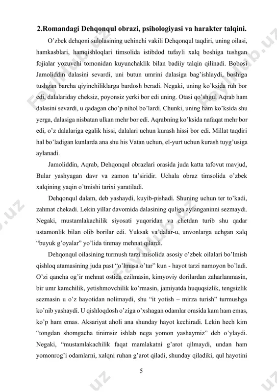 onga nomunosib hayot kechirayotgan odamda shu hayotga qarshi norozilik, isyon butkul so’nadi”. mustamlakachilar maqsadi — iloji boricha xalq ni ezish, uni muhtojlikda saqlash, “ozodlik”, “tenglik” deb ataluvchi qullikda asrash uchun uni bir umr qora mehnatga mahkum etishdir. shu maqsadda o’zbekistonni sobiq ittifoq paxta xom ashyo bazasiga aylantirgan yedi. yozuvchi ko’ksidagi og’riqni romaniga kiritadi. bu dard — o’zbekning dardi, o’zbeklik dardi. o’zbek qulday ishlaydi–chidaydi, farzandining boshi og’ir mehnatdan chiqmaydi–chidaydi, o’zbek davlatga falon million paxta etkazib beraman, deb chang yutadi, zahar yutadi–chidaydi, shuncha mehnat-u xo’rlik evaziga “boqimanda” tavqi la’natini oladi–chidaydi. romanda go’yo obrazlar soyasida qolgandek, bir kuchli obraz bor. bu o’zbek chidami, o’zbek chidamining fojiasi. 3.dehqonqul o’zbek xalqining tipik vakili. yozuvchi “otamdan qolgan dalalar” romanida o’zbek dehqonining tipik obrazini yaratadi. bu bilan dehqonqul obrazini timsol darajasiga ko’tarishga muvaffaq bo’ladi. dehqonqul uchun yashash mazmuniga aylanadi. paxta ko’zga ko’rinmas kishan bo’lib, dehqonqulning qo’l-oyog’ini, xohish-irodasini, orzuumidlarini kishanlaydi. u o’zini, erkini paxta ixtiyoriga topshiradi. mustamlakachilar xalqni …