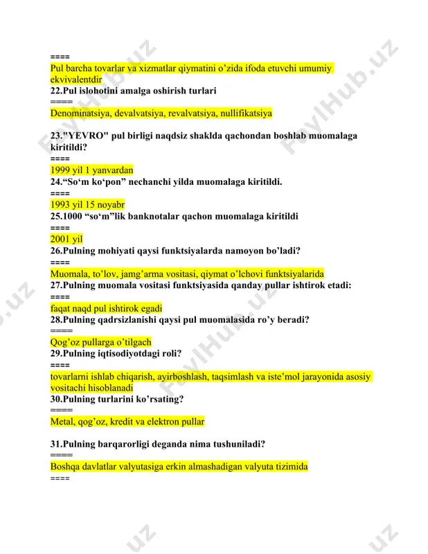 eriladigan qiymat 39.iste’mol krediti deganda nimani tushunasiz? ==== aholining iste’mol ehtiyojlarini qondirishga beriladigan kreditlar 40.xalqaro kredit nima? ==== bu ssuda kapitalining xalqaro miqyosidagi harakati 41.respublikamizda asosiy o’rinni egallovchi kredit shaklini ko’rsating ==== bank krediti 42.tijorat kreditining ob’ekti nima? ==== tovarlar 43.kreditni qaytarish manbalariga ko’ra turlarga ajrating? ==== o’z mablag’lari va ta’minotlar hisobidan 44.i.fisherning almashuv tenglamasini ko’rsating. ==== mv = pq 45.pul aylanmasining asosiy qismini nima tashkil etadi? ==== naqd pulsiz pul aylanmasi 46.kvazi - pullar nima? ==== likvid aktivlar bo’lib, ular tez orada pulga aylanadi 47.dastlabki tangalar qachon zarb etilgan? ==== eramizdan avvalgi vii asrda 48.dastlabki qoq’oz pullar qaerda ishlab chiqarilgan? ==== xitoyda 49.pulning muomala vositasi funktsiyasi qachon namoyon bo’ladi? ==== sotuvchi va sotib oluvchi o’rtasida ayirboshlash bir vaqtda bajarilsa 50.vaqtincha foydalanilmayotgan pullar qanday funktsiyani bajaradi? ==== jamg’arma vositasi funktsiyasini 51.nominal pul nazariyasi tarafdorlarining kamchiligi nimada? ==== pulning qiymatini davlat belgilashini e’tirof etishida 52.bozor iqtisodiyoti sharoitida pulning sotib olish qobiliyati: …